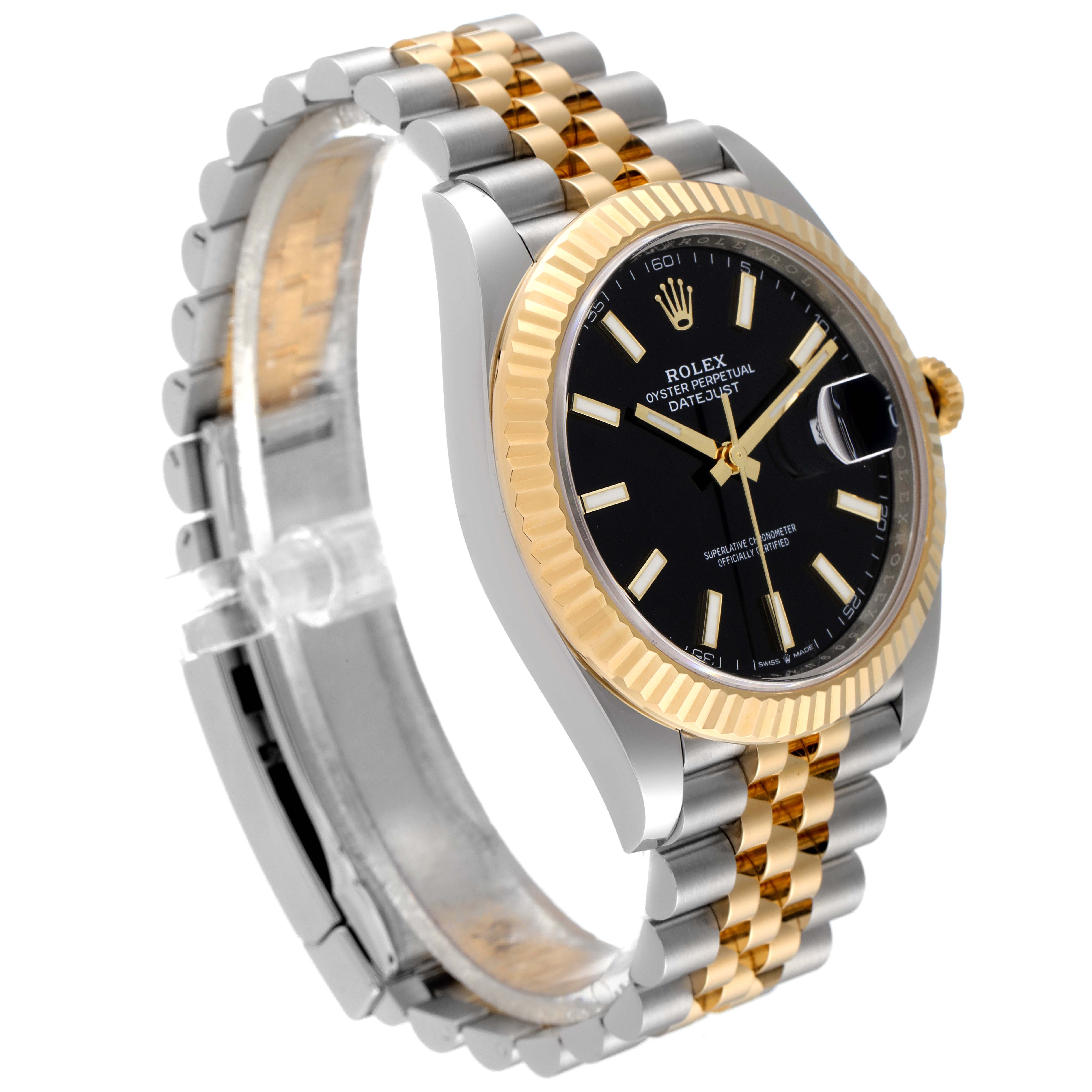 This image shows a Rolex Datejust 41 126233 Men's Steel and Gold (two tone) Black Dial 126233 Men's Steel and Gold (two tone) Black Dial watch from a three-quarter angle, highlighting the black dial, fluted bezel, and two-tone bracelet.