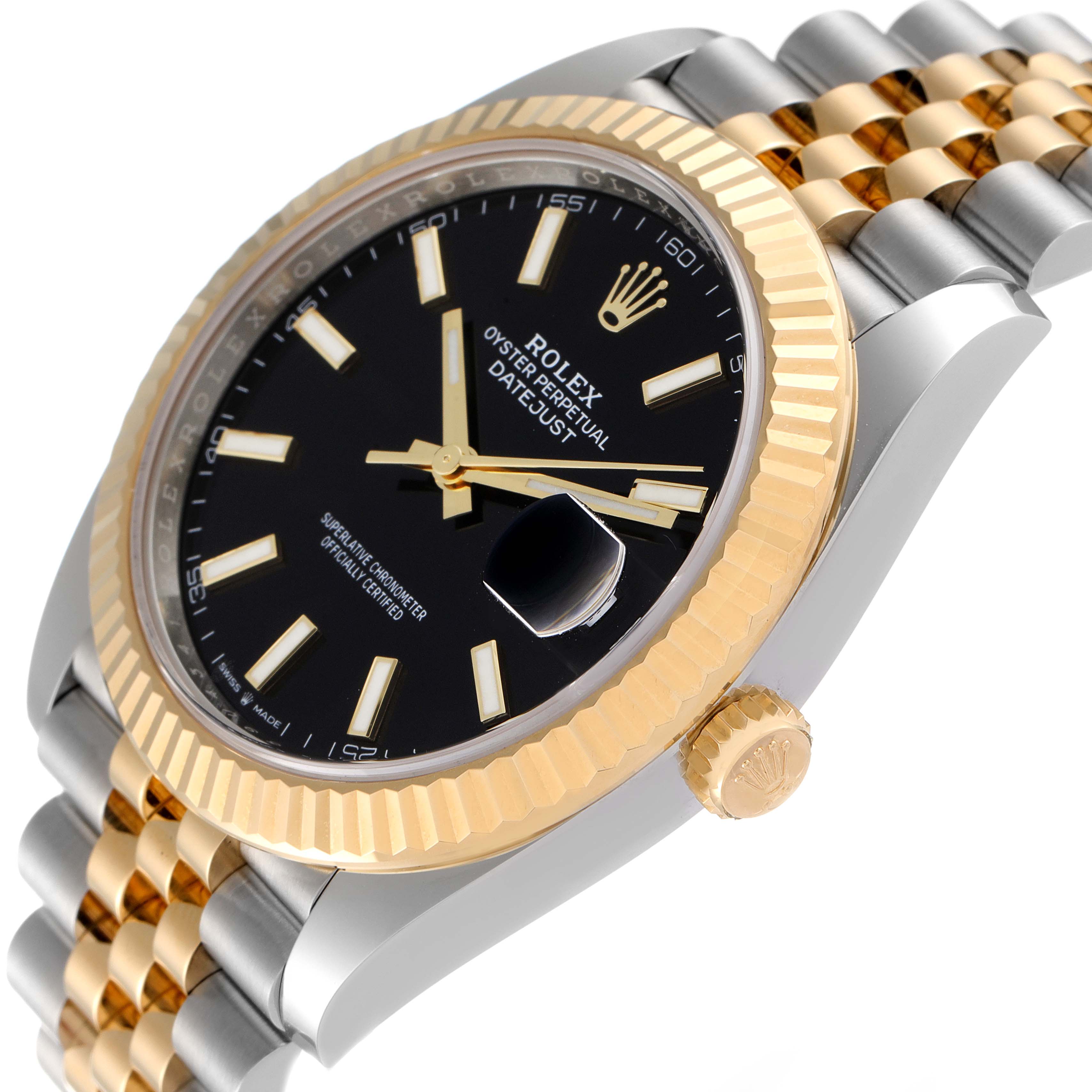 The image shows a Rolex Datejust 41 126233 Men's Steel and Gold (two tone) Black Dial 126233 Men's Steel and Gold (two tone) Black Dial watch at a three-quarter angle highlighting the black dial, fluted bezel, and two-tone bracelet.