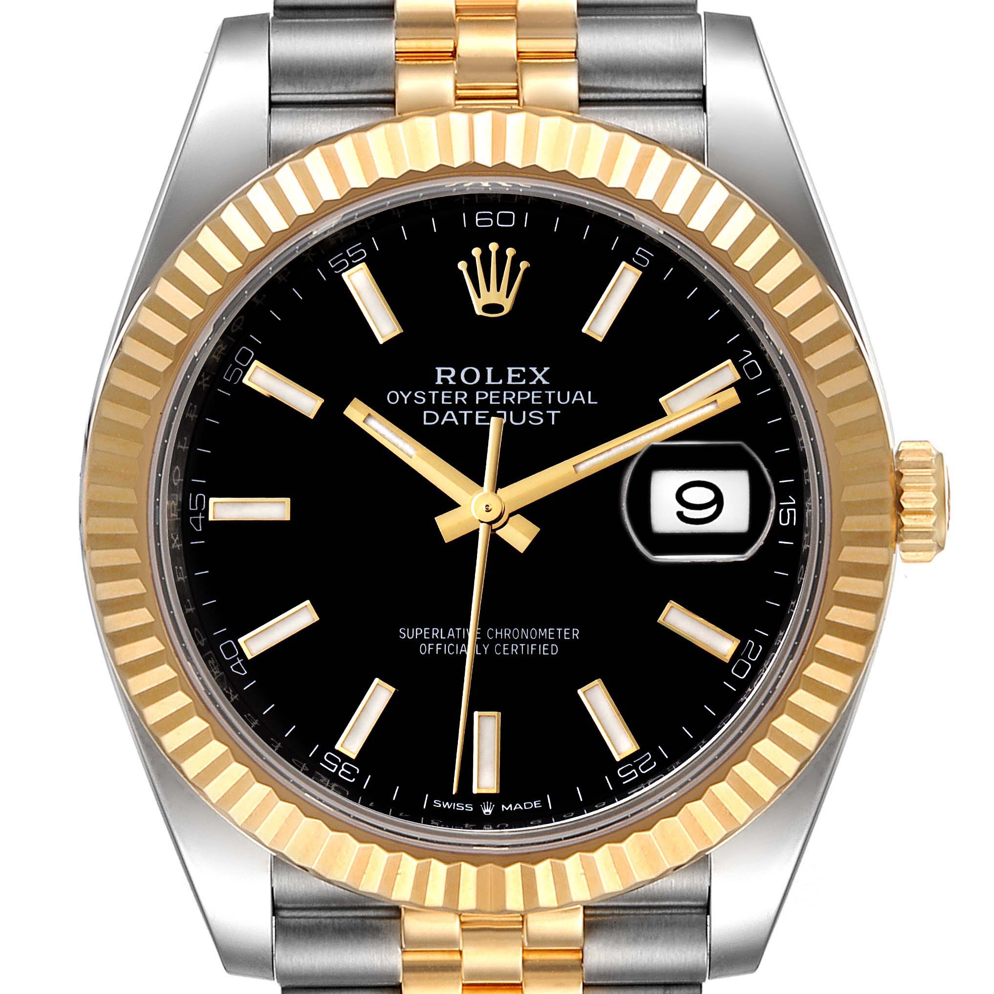 This image shows a front view of the Rolex Datejust 41 126233 Men's Steel and Gold (two tone) Black Dial 126233 Men's Steel and Gold (two tone) Black Dial watch, highlighting its black dial, gold fluted bezel, and two-tone bracelet.