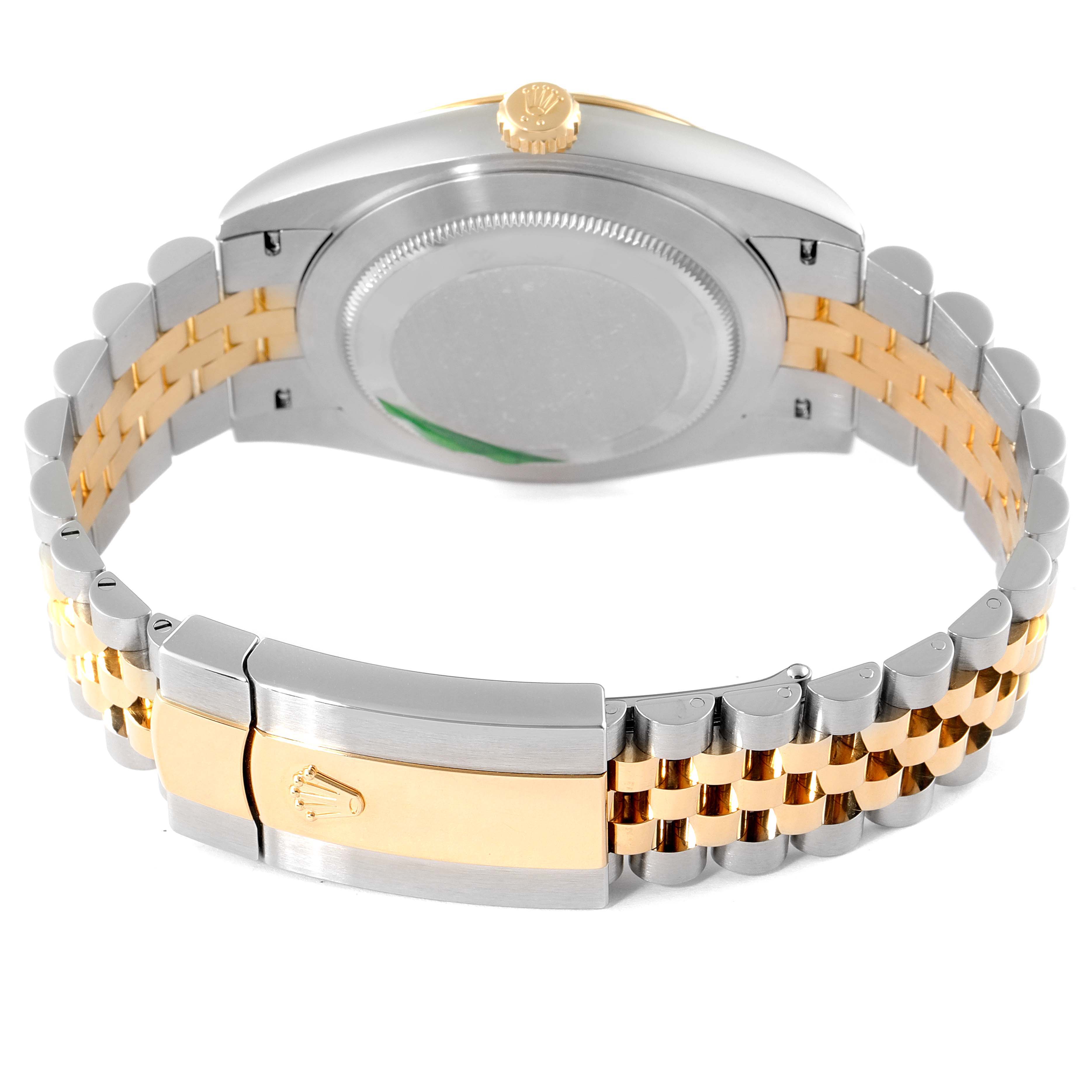 The image shows the back view of a Rolex Datejust 41 126233 Men's Steel and Gold (two tone) Black Dial 126233 Men's Steel and Gold (two tone) Black Dial watch, highlighting its clasp and two-tone bracelet.