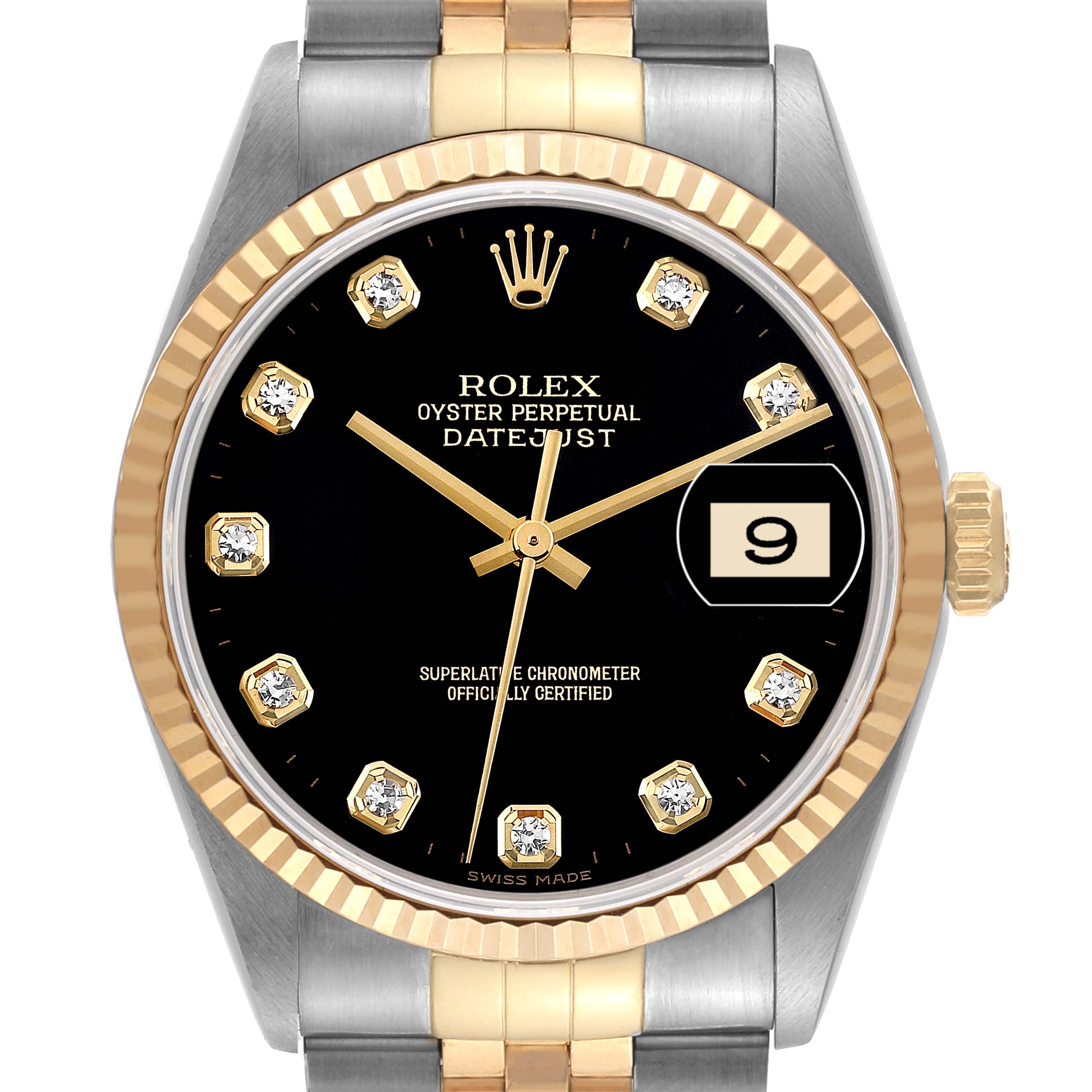 This image shows a front view of the Rolex Datejust 16233 Men's Steel and Gold (two tone) Black Dial 16233 Men's Steel and Gold (two tone) Black Dial watch with a black dial, gold markers, and a two-tone bracelet.