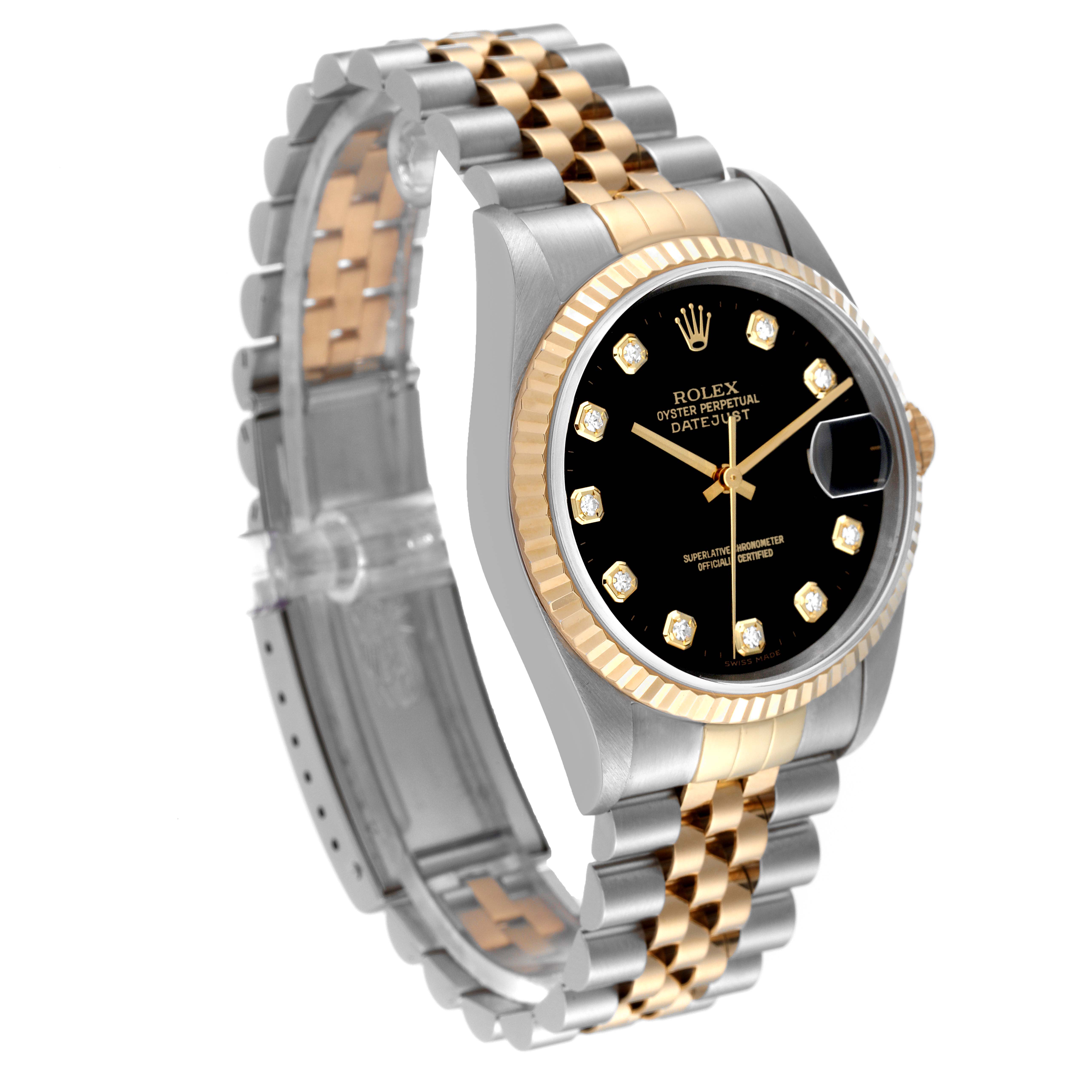 This image shows a side angle of a Rolex Datejust 16233 Men's Steel and Gold (two tone) Black Dial 16233 Men's Steel and Gold (two tone) Black Dial watch, highlighting its black dial, diamond markers, and two-tone bracelet.