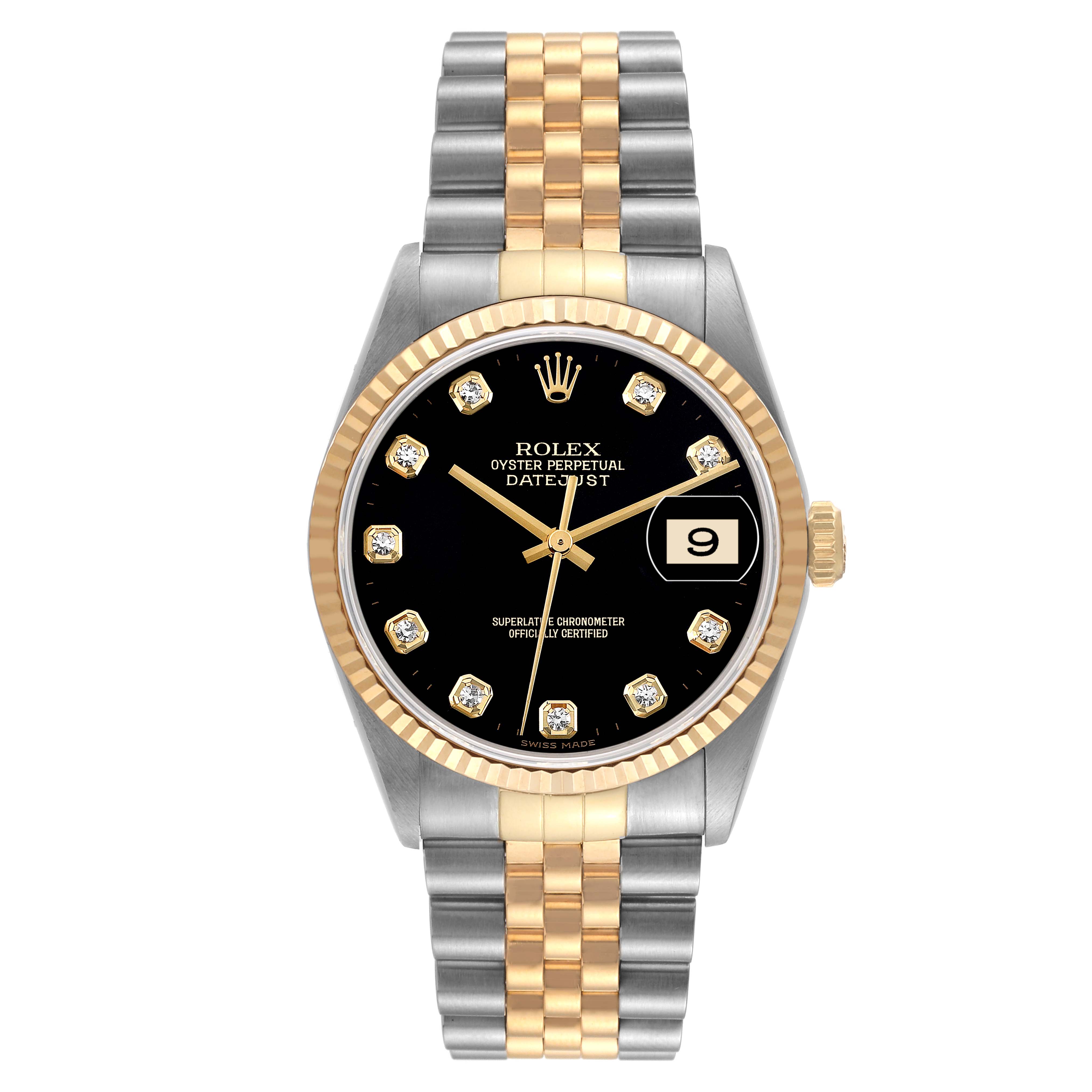 The image shows a Rolex Datejust 16233 Men's Steel and Gold (two tone) Black Dial 16233 Men's Steel and Gold (two tone) Black Dial watch from the front, featuring a two-tone band, black dial with diamond markers, and date display.