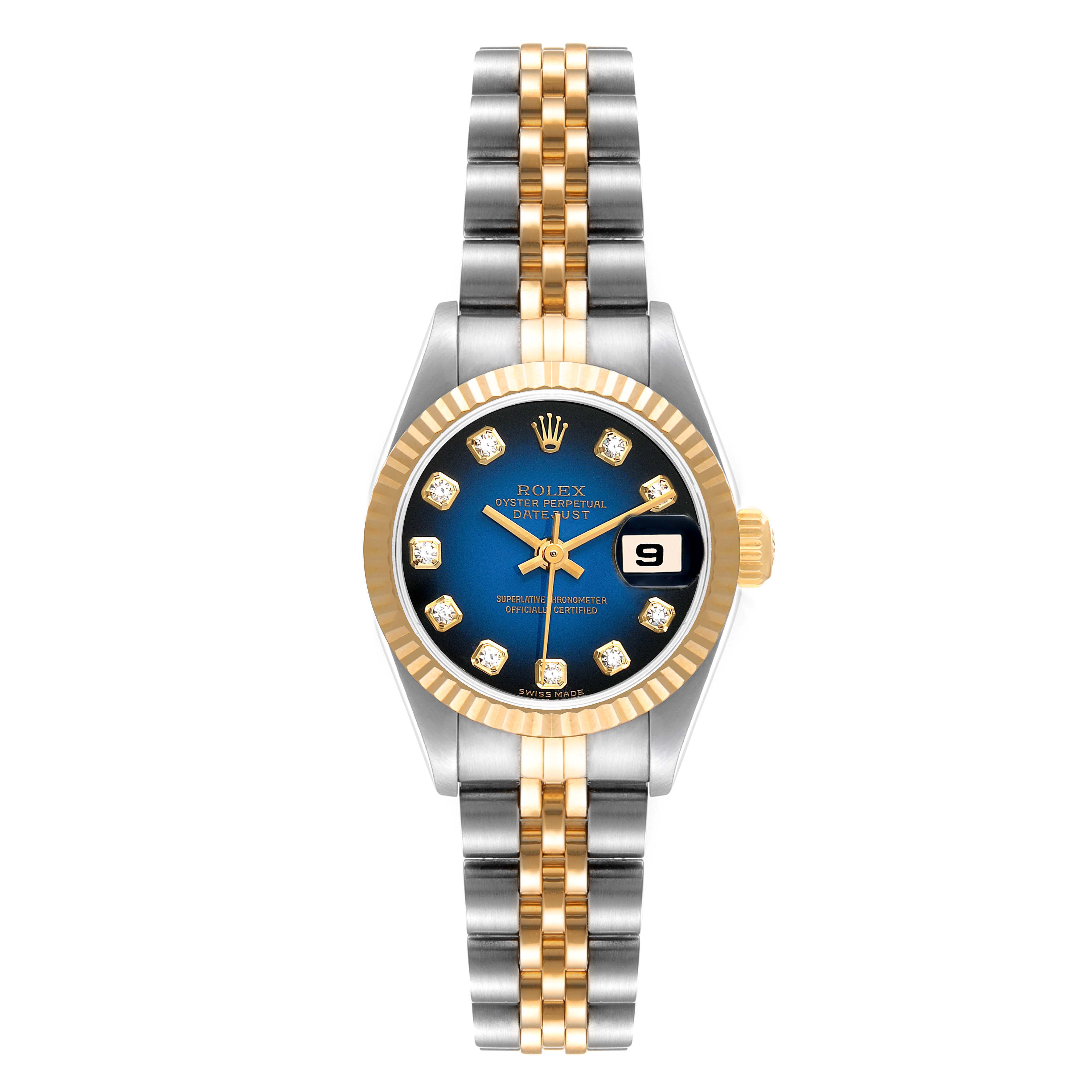 This Rolex Datejust 79173 Women's Steel and Gold (two tone) Blue Dial 79173 Women's Steel and Gold (two tone) Blue Dial watch is shown from a front angle, displaying its face, bezel, crown, and bracelet.