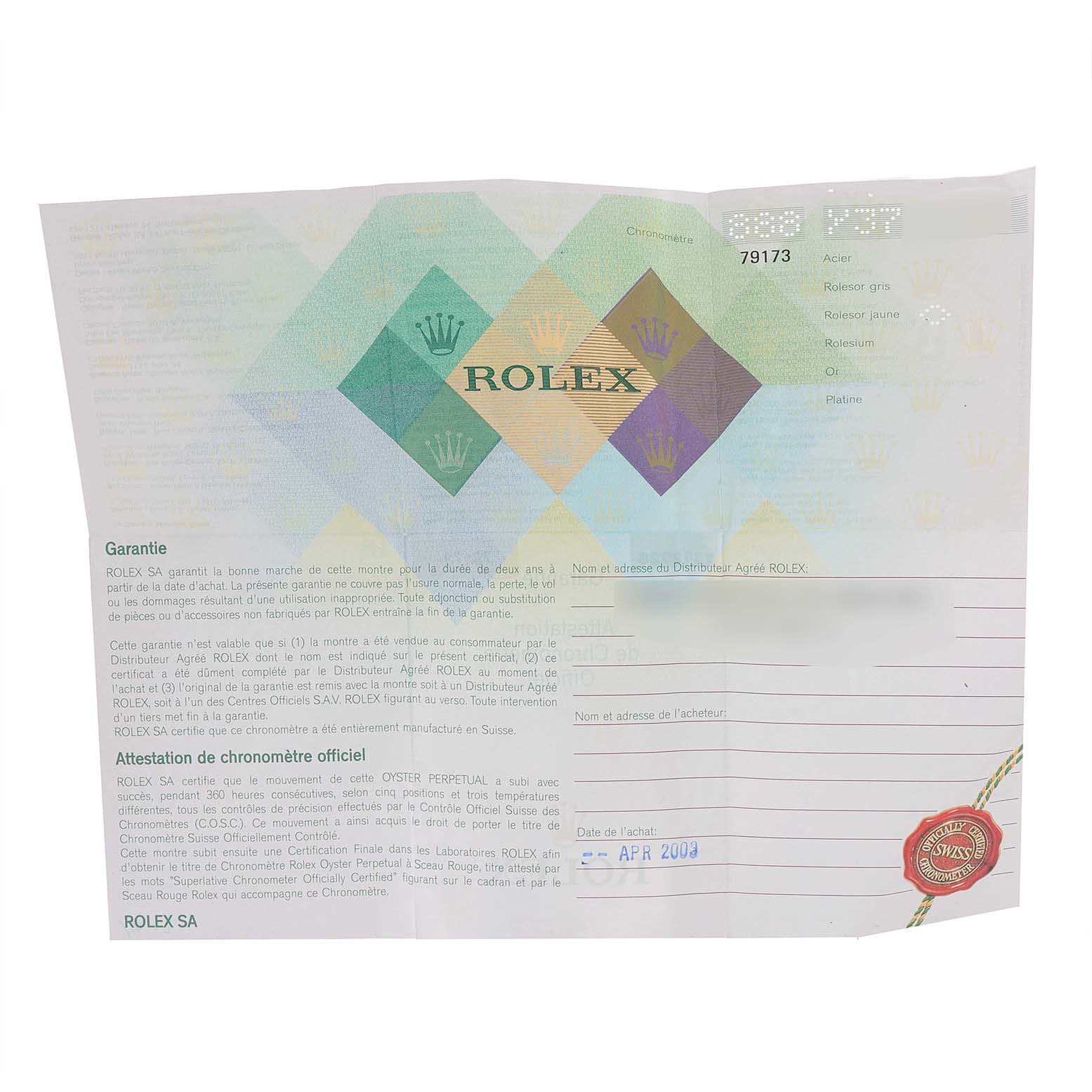 The image shows a warranty and official chronometer certification document for a Rolex Datejust 79173 Women's Steel and Gold (two tone) Blue Dial 79173 Women's Steel and Gold (two tone) Blue Dial watch.