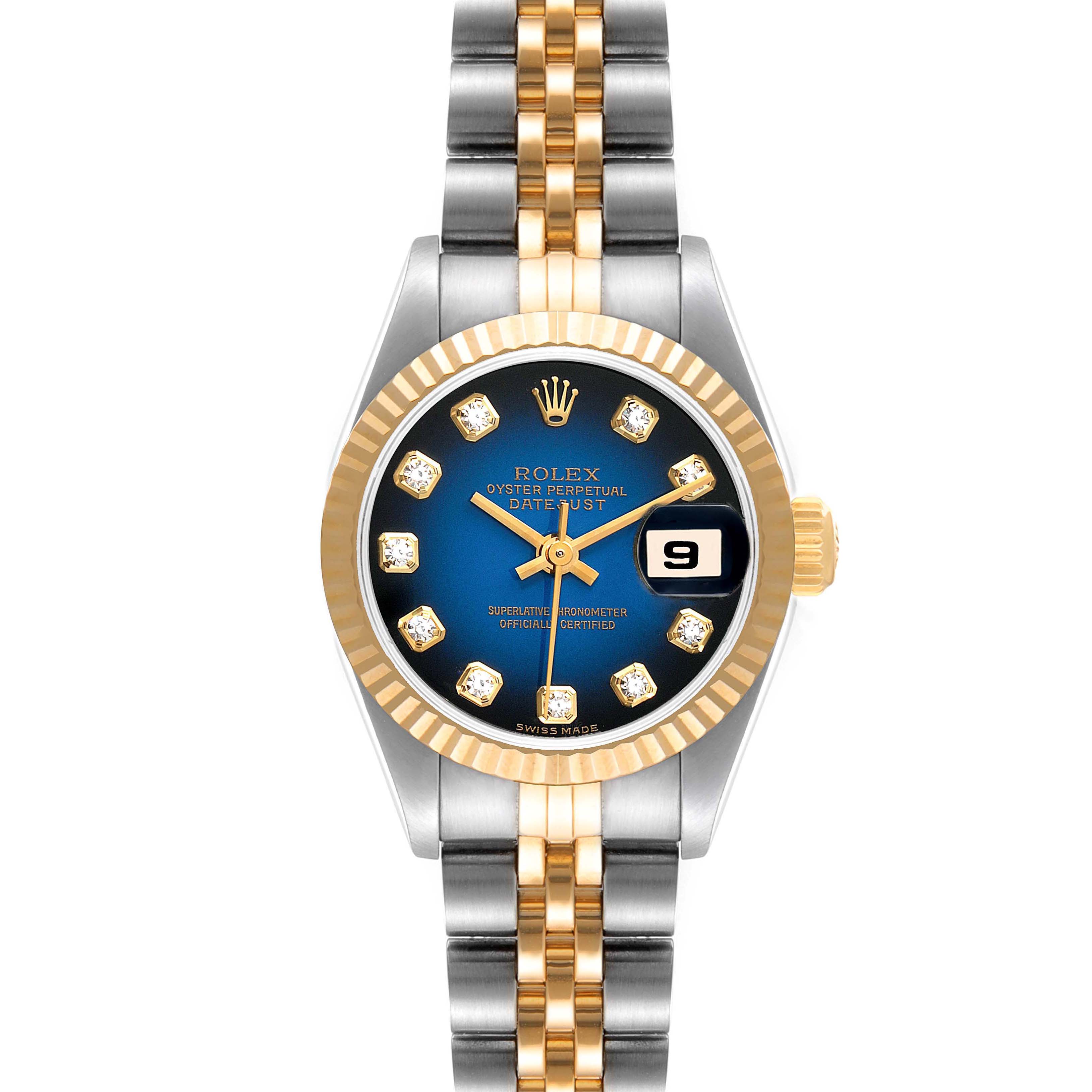 The Rolex Datejust 79173 Women's Steel and Gold (two tone) Blue Dial 79173 Women's Steel and Gold (two tone) Blue Dial watch is shown from a front view, featuring the dial, bezel, and bracelet.
