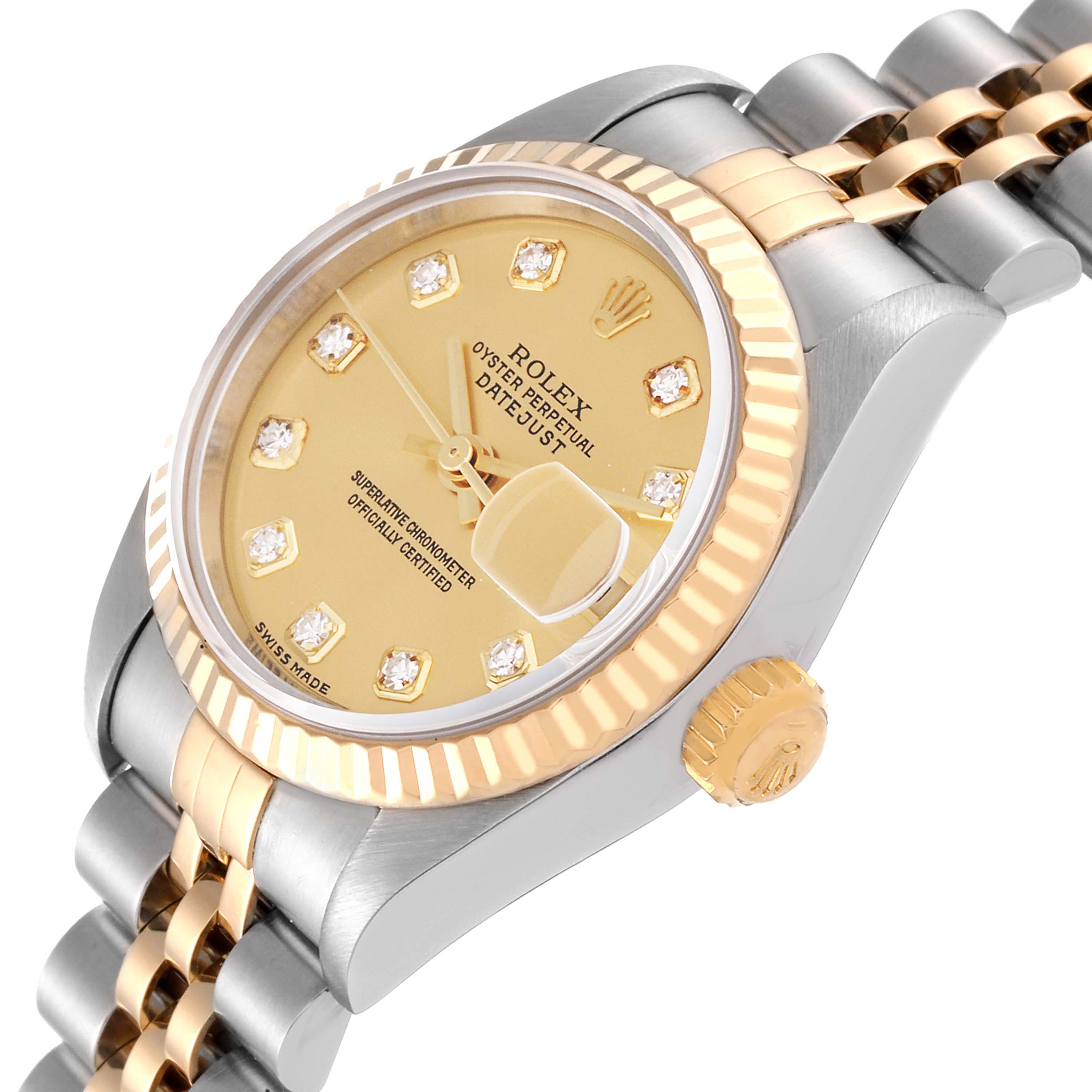 The image shows a close-up, angled view of a Rolex Datejust 79173G Women's Steel and Gold (two tone) Champagne Dial 79173G Women's Steel and Gold (two tone) Champagne Dial watch, highlighting the two-tone bezel and bracelet.