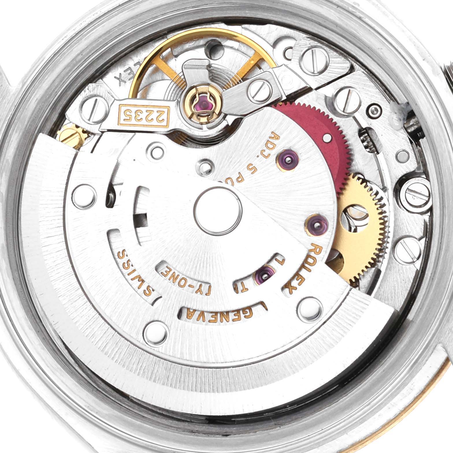 The image shows the internal mechanical movement of a Rolex Datejust 79173G Women's Steel and Gold (two tone) Champagne Dial 79173G Women's Steel and Gold (two tone) Champagne Dial watch from a top-down angle.