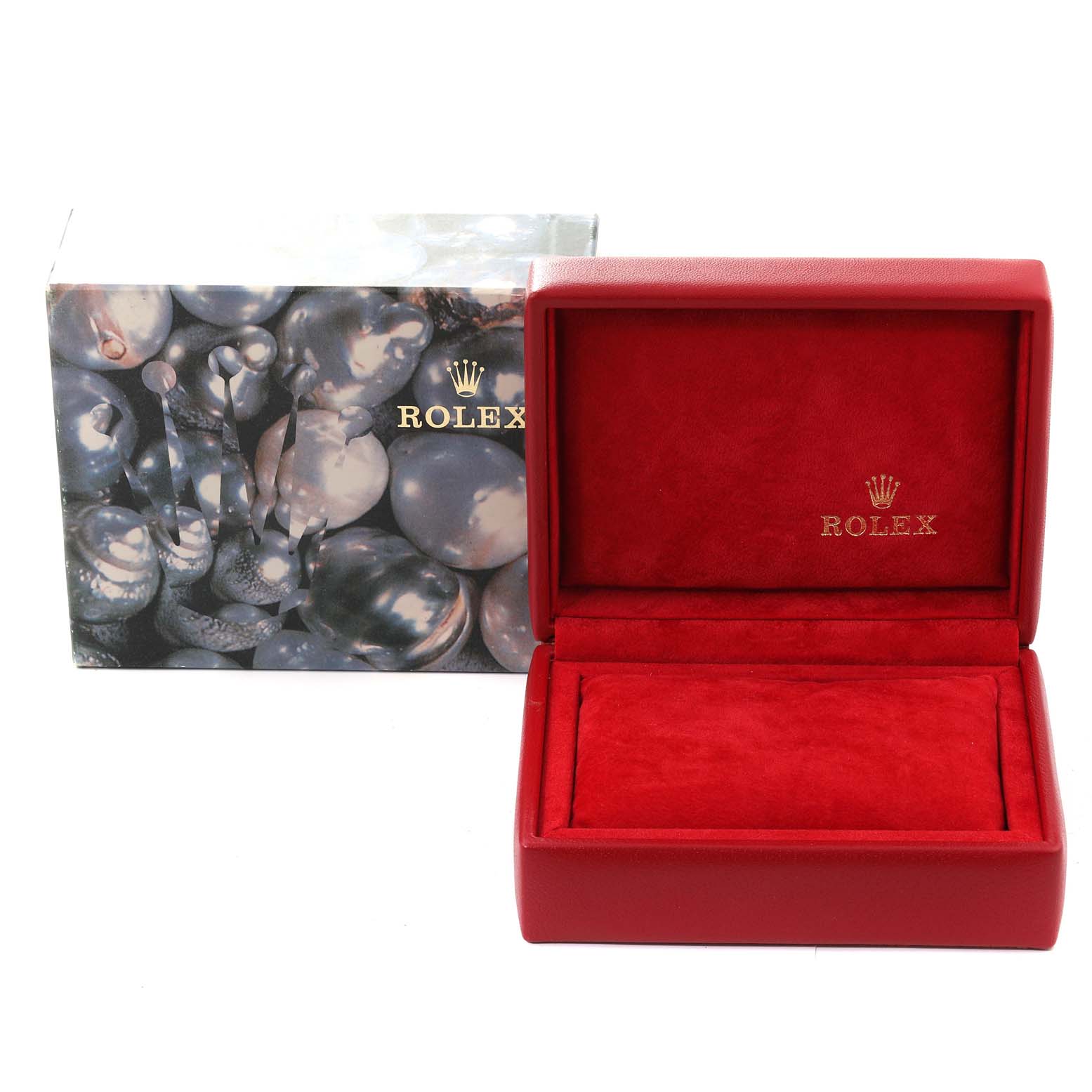 The image shows an open red Rolex watch box and its patterned outer packaging, both with the Rolex logo.