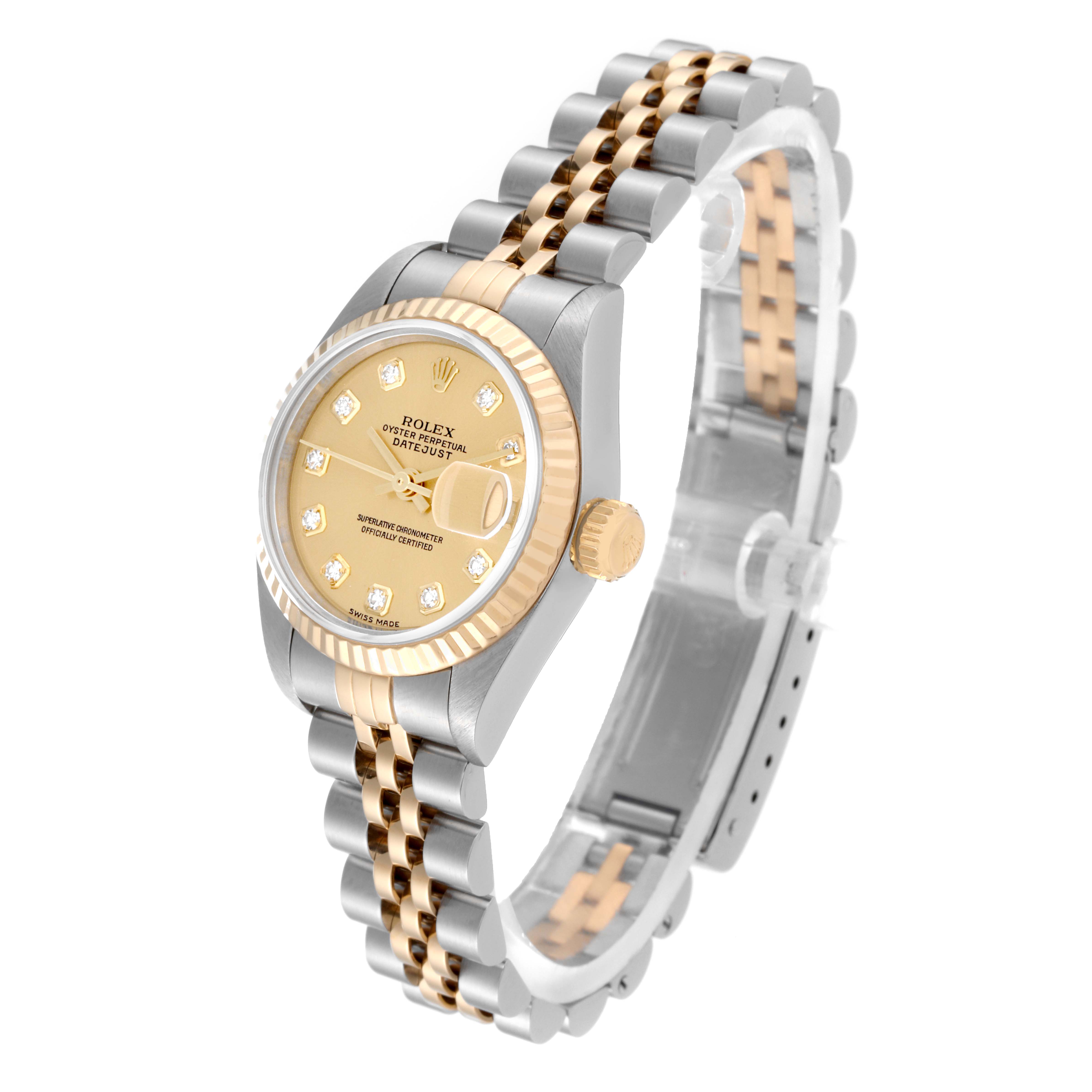 The image shows a Rolex Datejust 79173G Women's Steel and Gold (two tone) Champagne Dial 79173G Women's Steel and Gold (two tone) Champagne Dial watch at an oblique angle, highlighting the dial, bezel, crown, and two-tone bracelet.