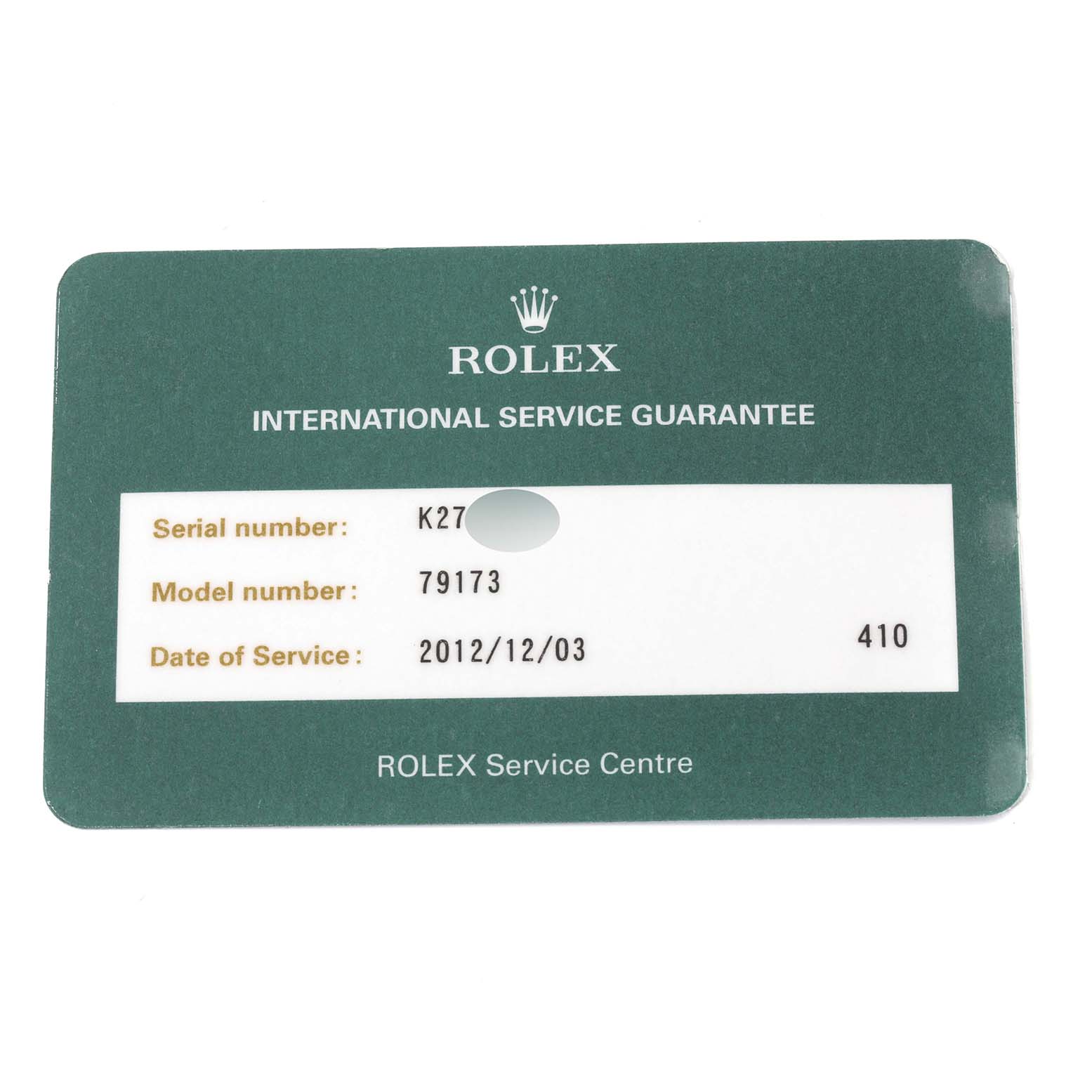 The image shows an International Service Guarantee card for a Rolex Datejust 79173G Women's Steel and Gold (two tone) Champagne Dial 79173G Women's Steel and Gold (two tone) Champagne Dial model 79173.