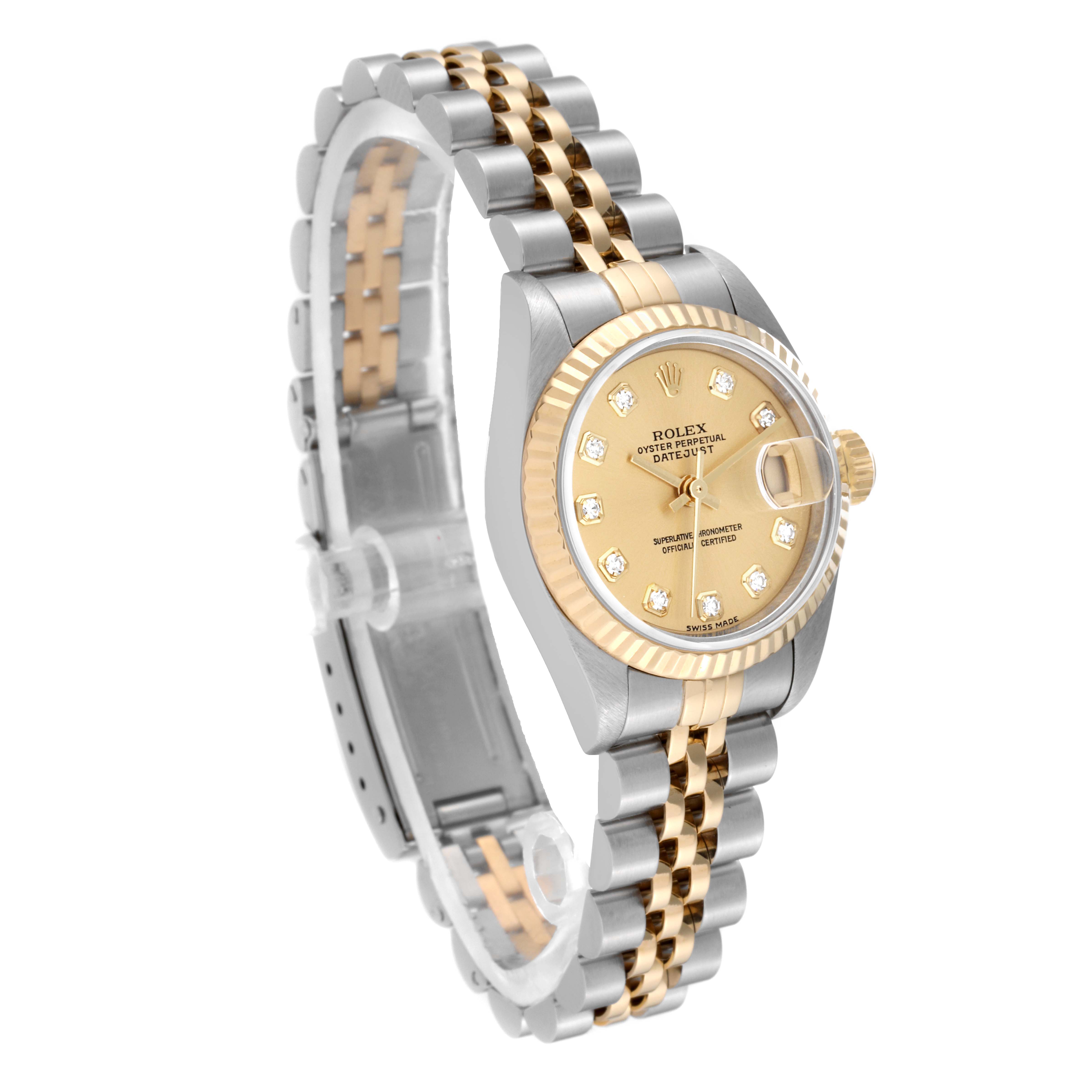 This image shows a Rolex Datejust 79173G Women's Steel and Gold (two tone) Champagne Dial 79173G Women's Steel and Gold (two tone) Champagne Dial watch at a three-quarter angle, highlighting its gold and silver jubilee bracelet, diamond hour markers, and fluted bezel.