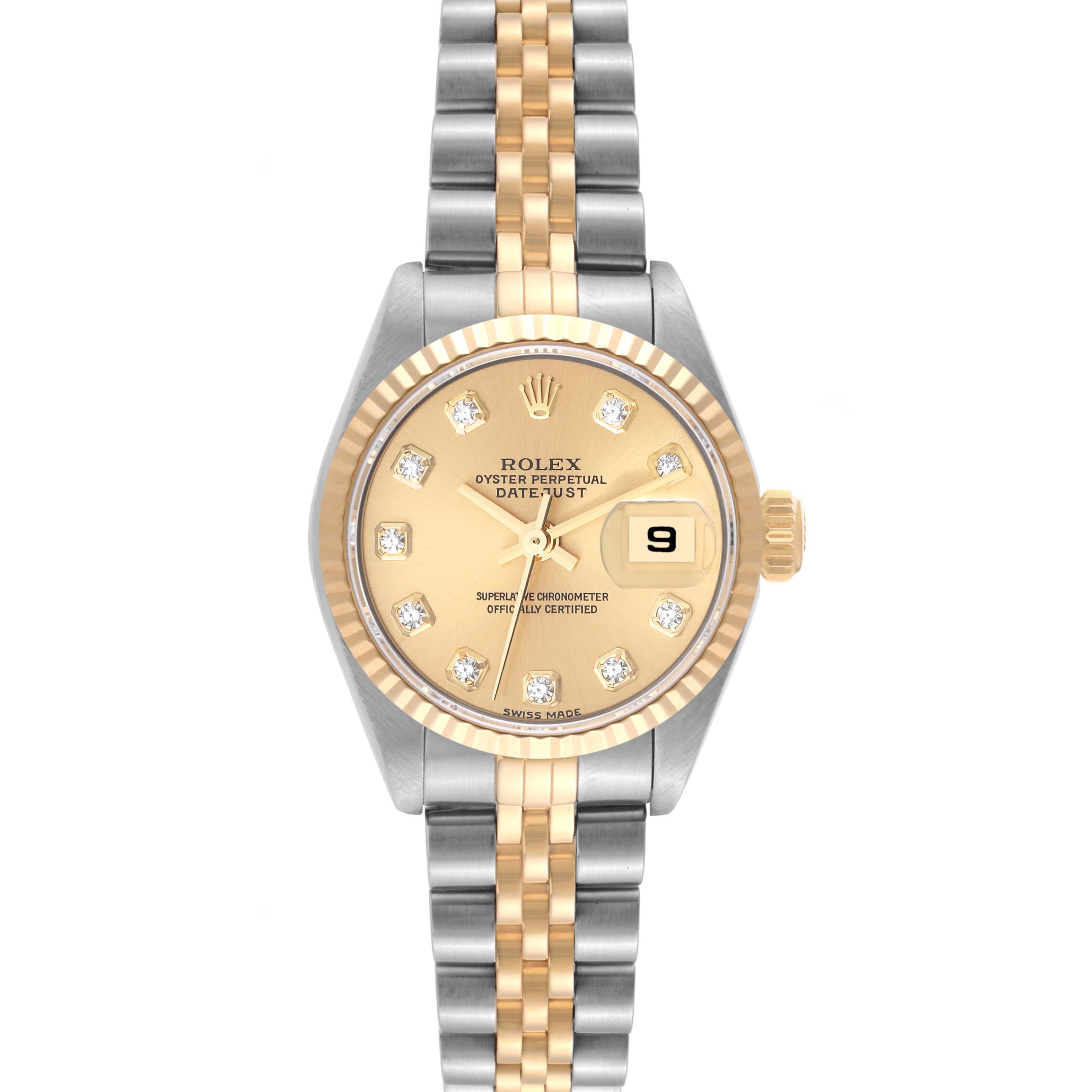 The Rolex Datejust 79173G Women's Steel and Gold (two tone) Champagne Dial 79173G Women's Steel and Gold (two tone) Champagne Dial watch is shown from a top view, highlighting its dial, bezel, and two-tone bracelet.