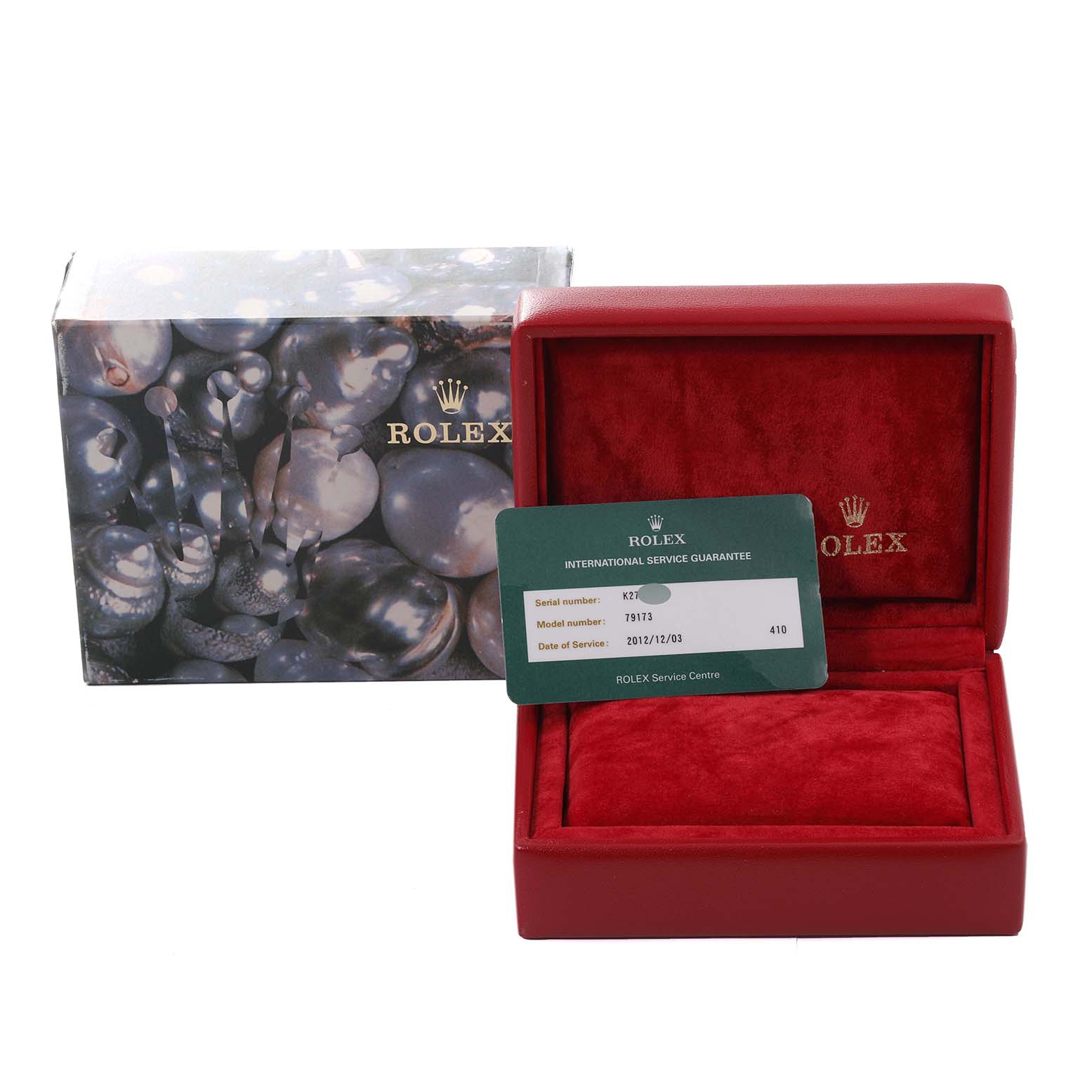 The image shows a Rolex Datejust 79173G Women's Steel and Gold (two tone) Champagne Dial 79173G Women's Steel and Gold (two tone) Champagne Dial model watch box, guarantee card, and outer box.