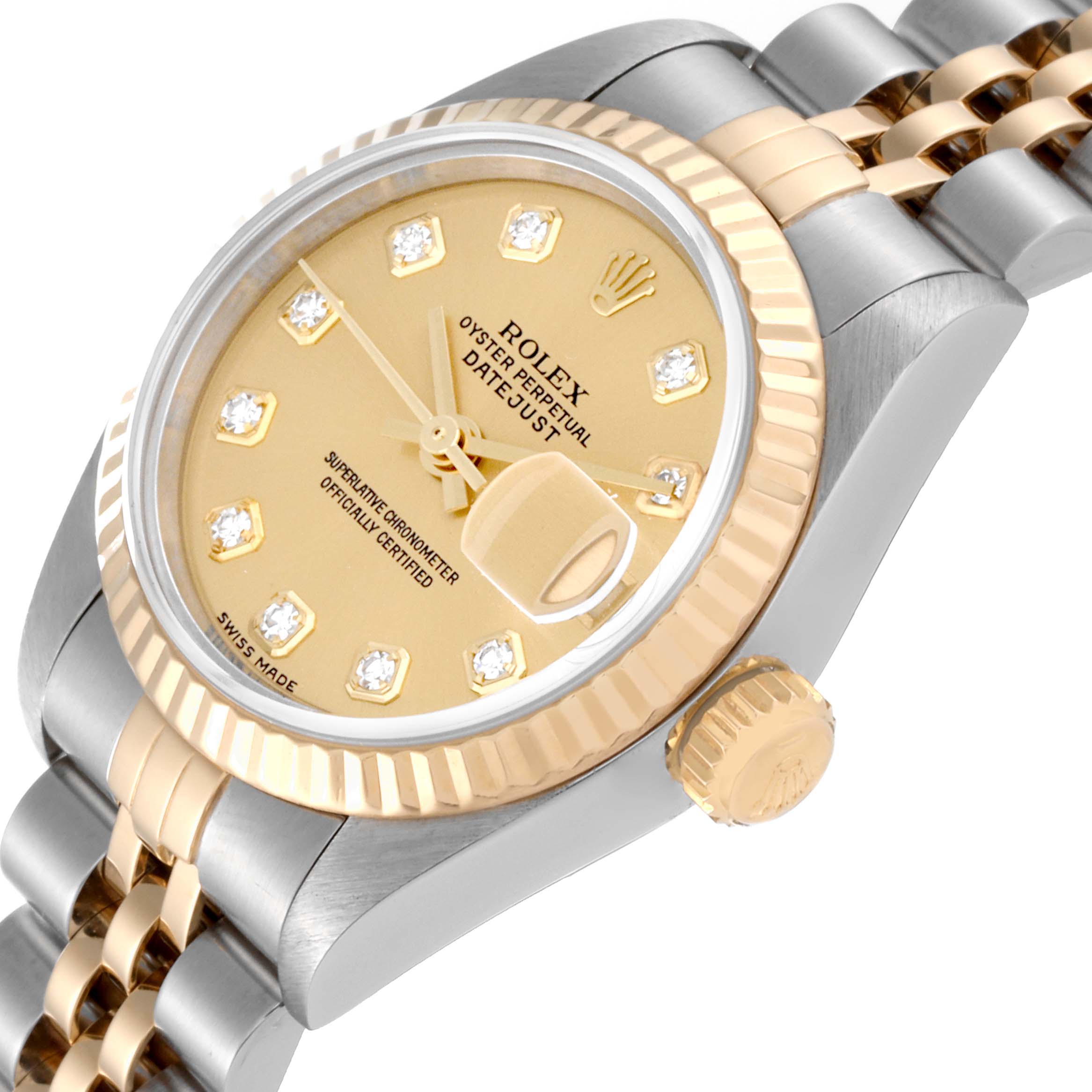 The image shows a close-up angled view of a Rolex Datejust 79173G Women's Steel and Gold (two tone) Champagne Dial 79173G Women's Steel and Gold (two tone) Champagne Dial model, highlighting its gold dial, bezel, and crown.