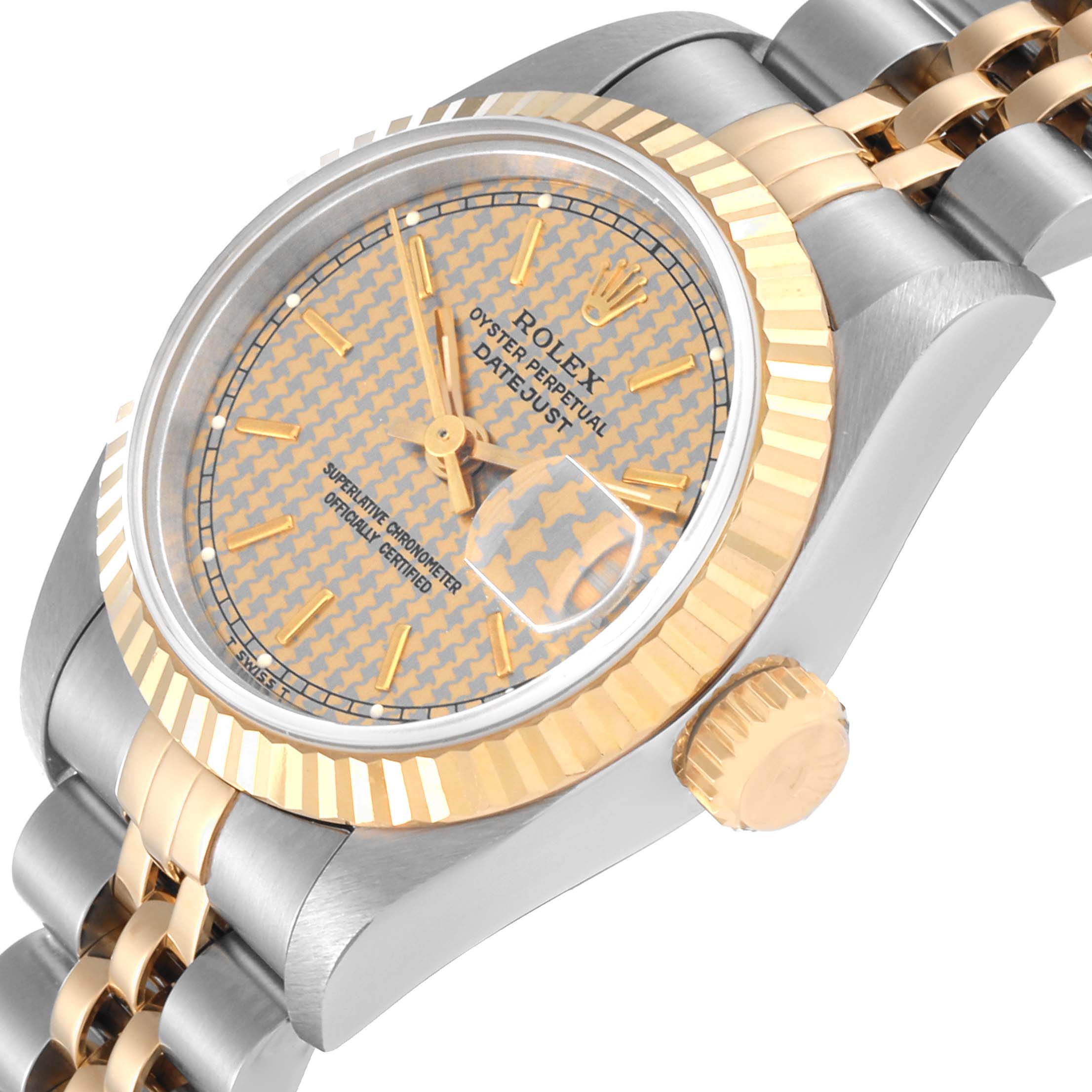 The image shows a close-up of the Rolex Datejust 69173 Women's Steel and Gold (two tone) Champagne Dial 69173 Women's Steel and Gold (two tone) Champagne Dial watch, focusing on the dial, fluted bezel, crown, and two-tone bracelet.