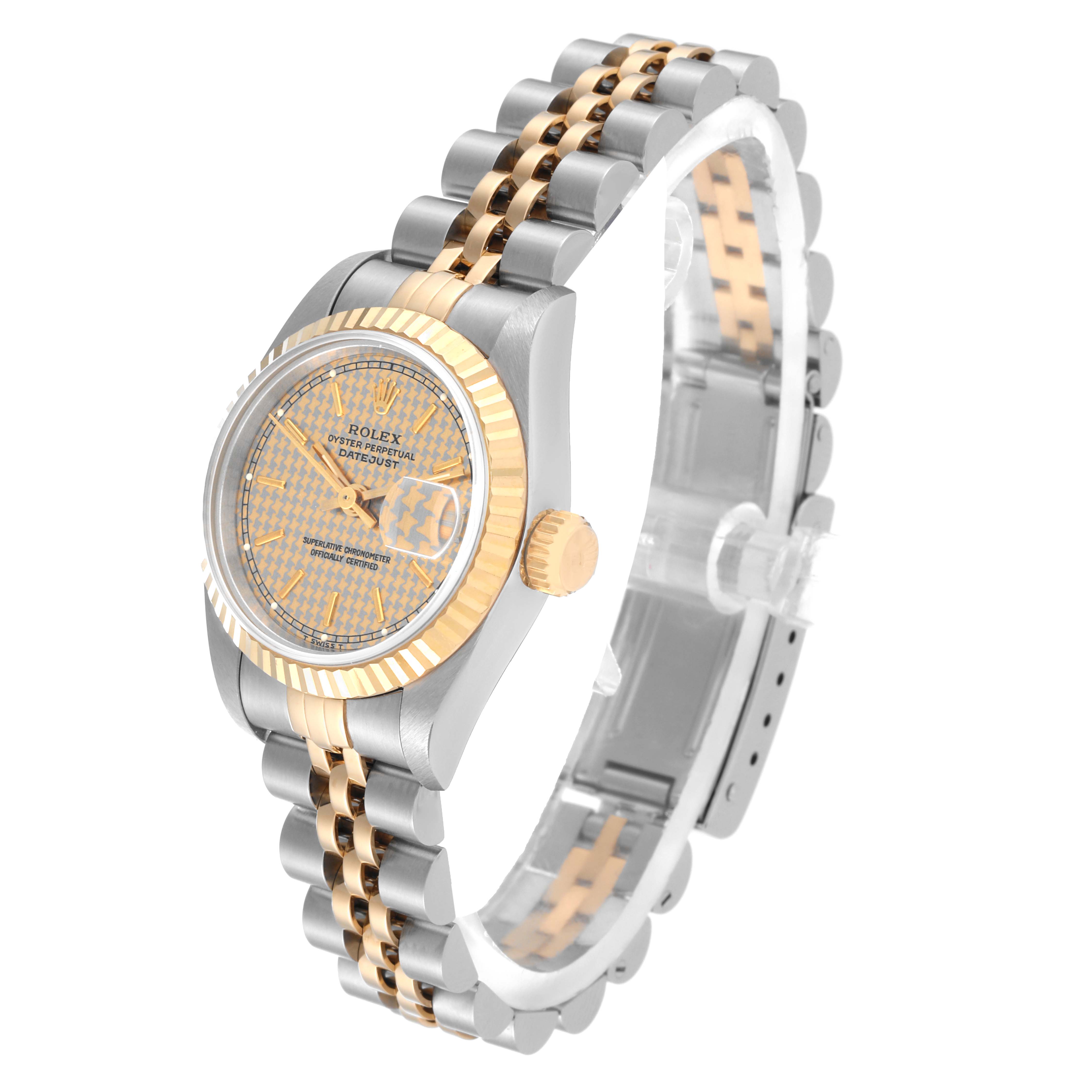 The Rolex Datejust 69173 Women's Steel and Gold (two tone) Champagne Dial 69173 Women's Steel and Gold (two tone) Champagne Dial watch is shown at a slight angle, highlighting its dial, bezel, crown, and two-tone bracelet.