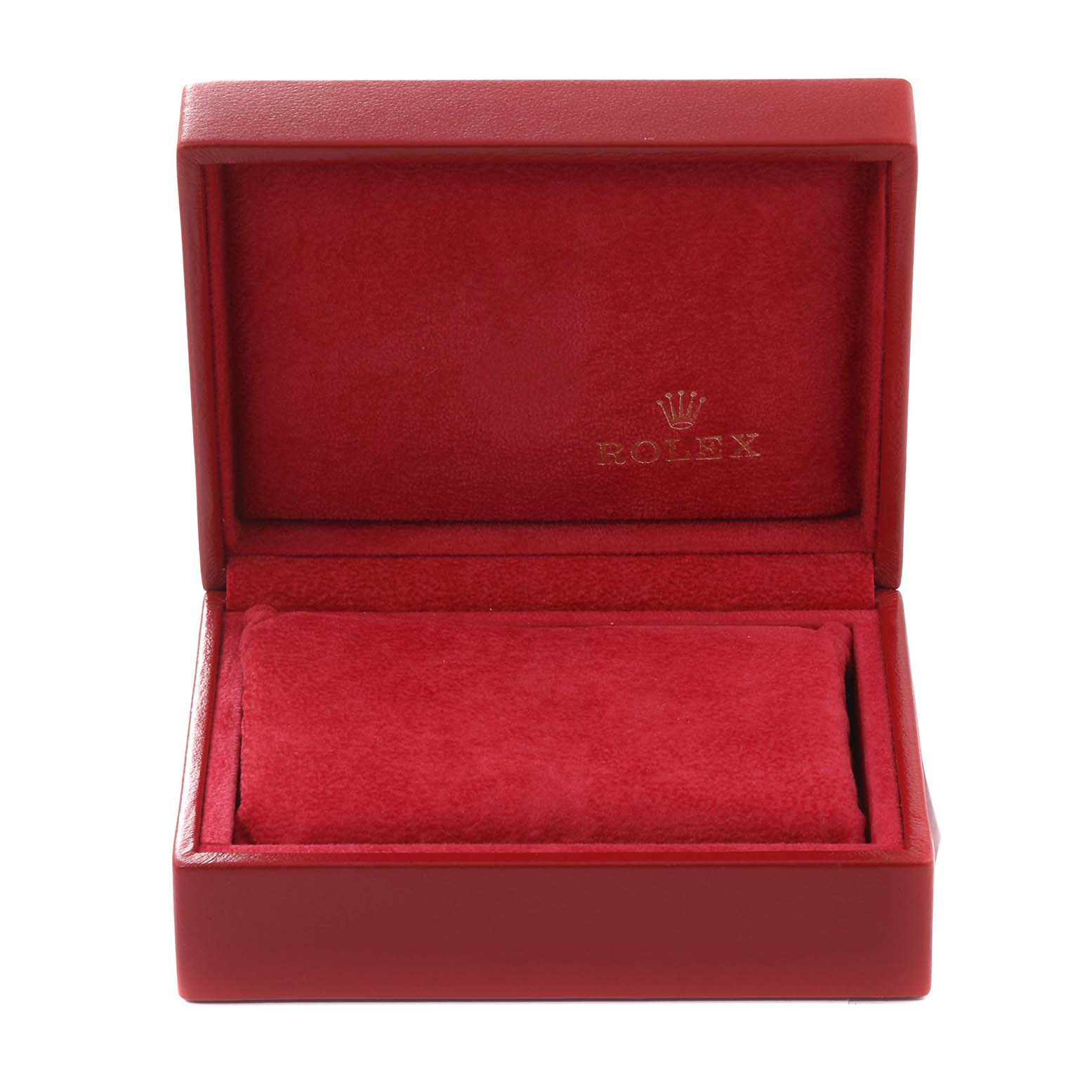 The image shows an open, red Rolex watch box for the Datejust model, with no watch inside.