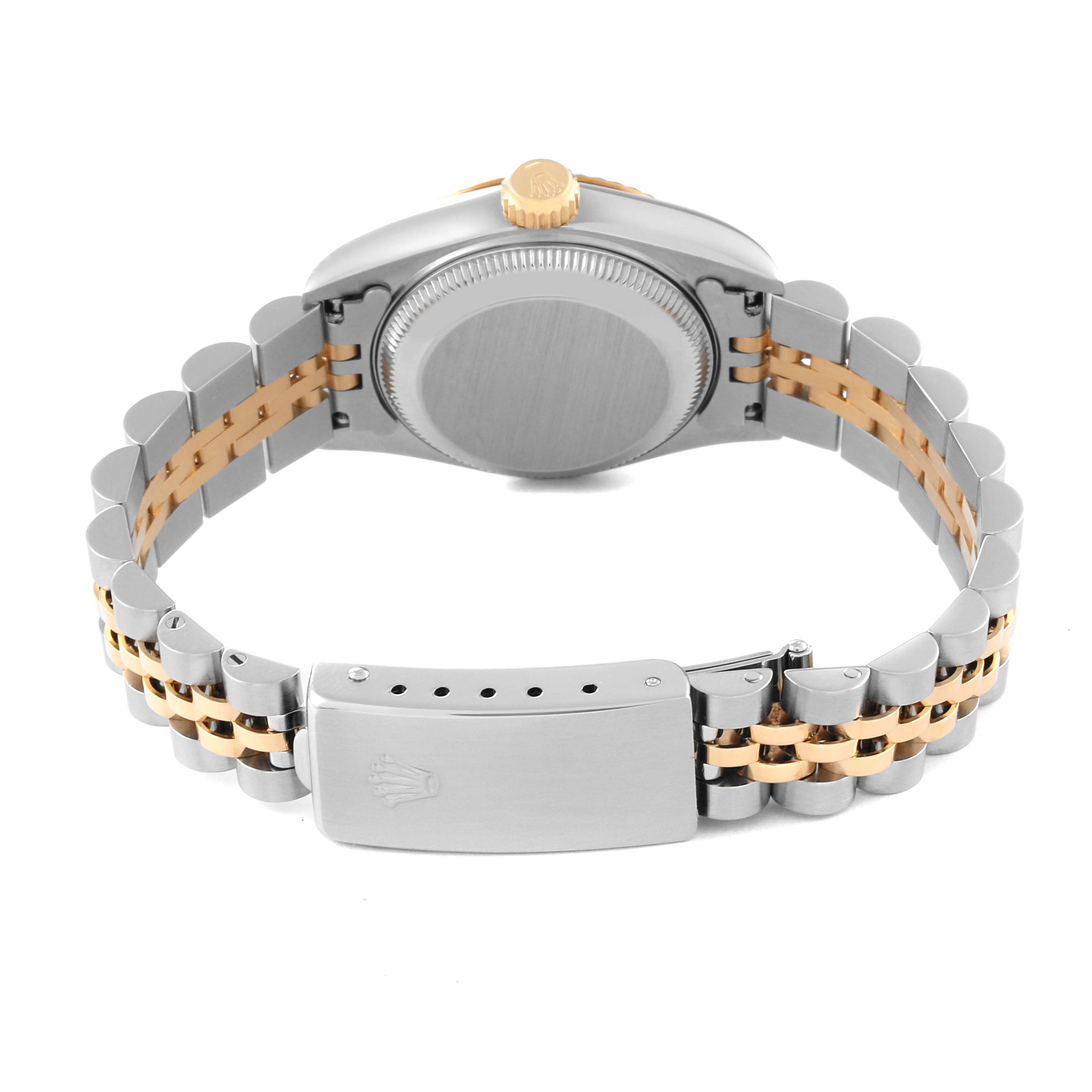 The image shows the back view of a Rolex Datejust 69173 Women's Steel and Gold (two tone) Champagne Dial 69173 Women's Steel and Gold (two tone) Champagne Dial watch, including the bracelet, clasp, and case back.