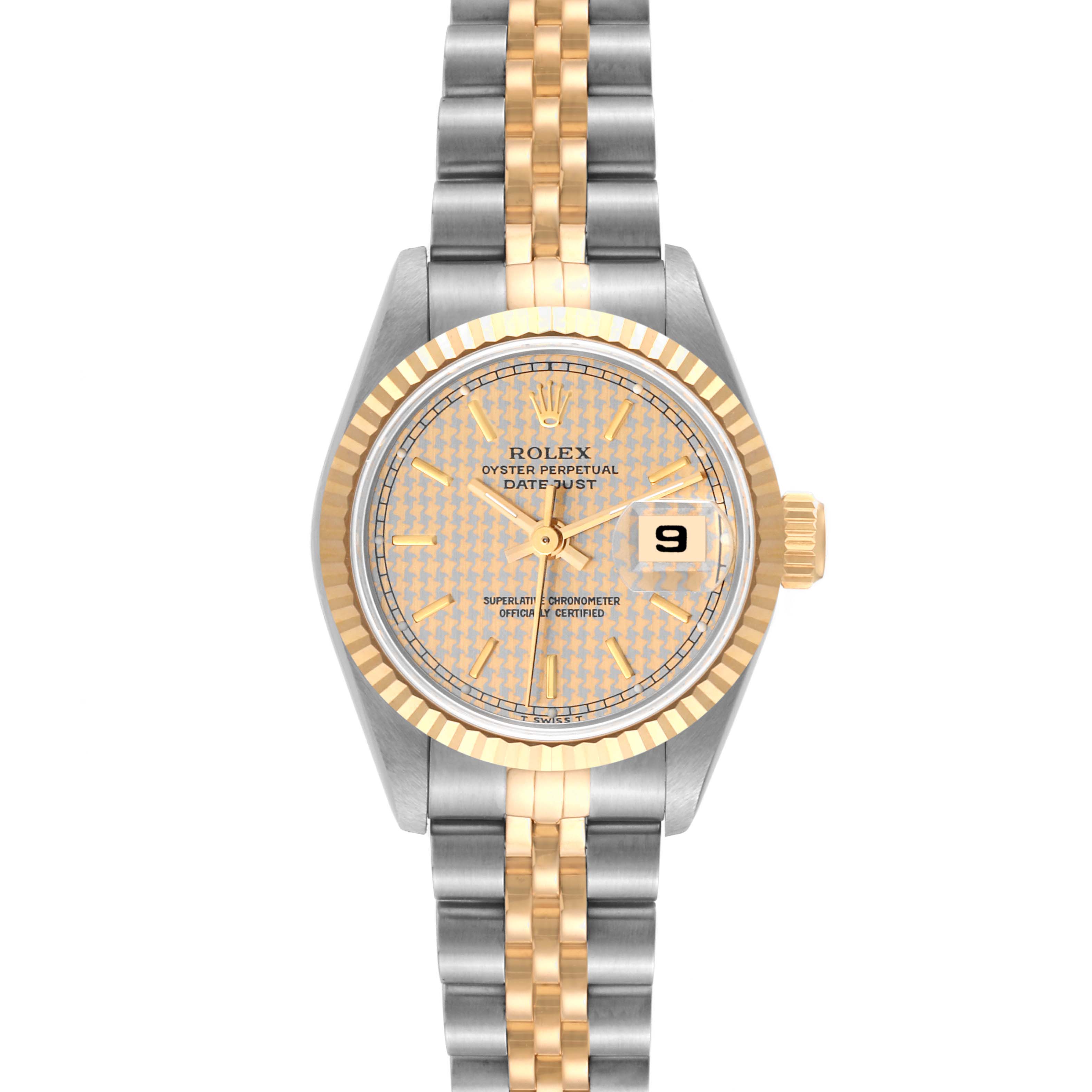 The image shows a front view of a Rolex Datejust 69173 Women's Steel and Gold (two tone) Champagne Dial 69173 Women's Steel and Gold (two tone) Champagne Dial watch, displaying its dial, hands, bezel, and part of the bracelet.