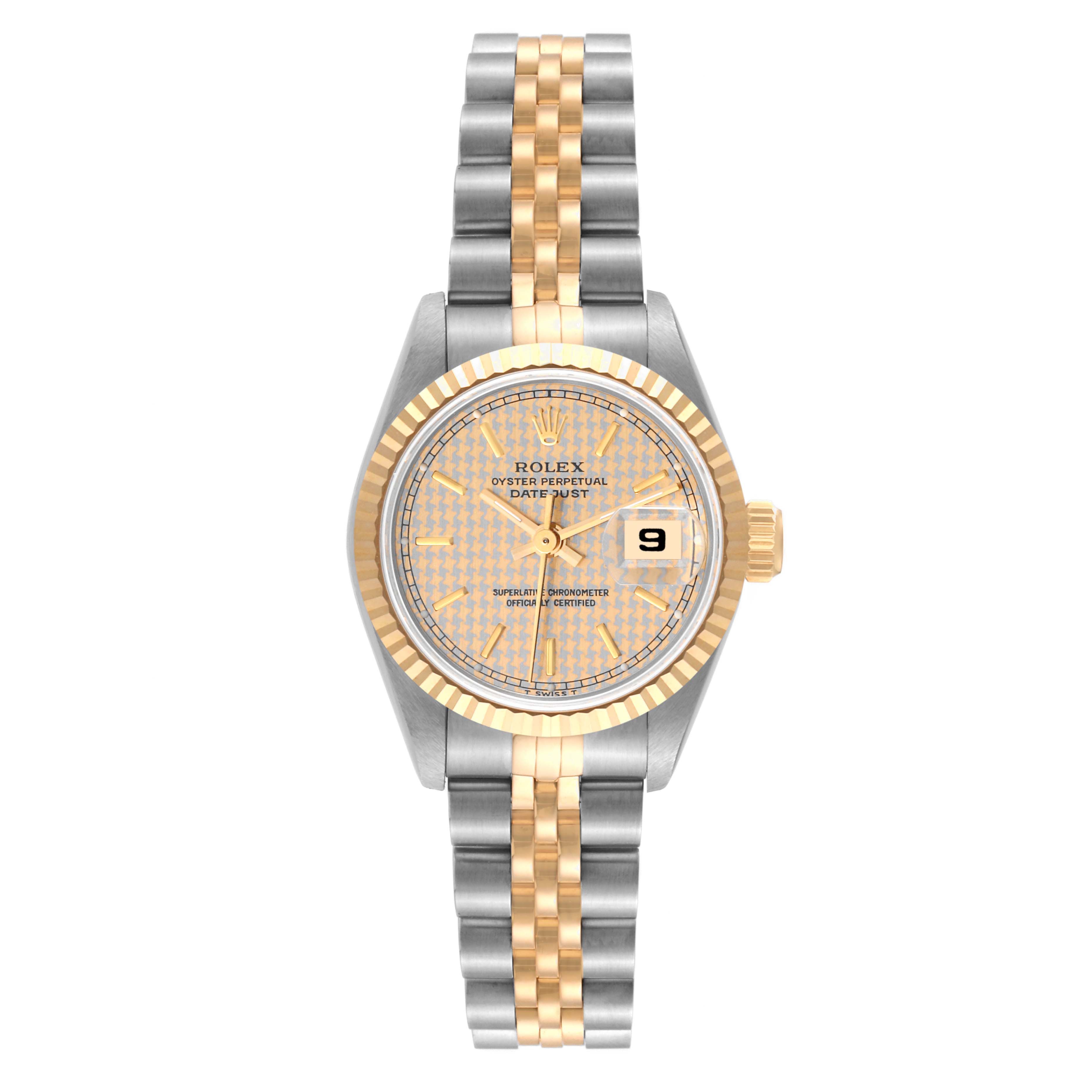 The Rolex Datejust 69173 Women's Steel and Gold (two tone) Champagne Dial 69173 Women's Steel and Gold (two tone) Champagne Dial watch is shown from a top-down angle, highlighting the face, bezel, and two-tone bracelet.