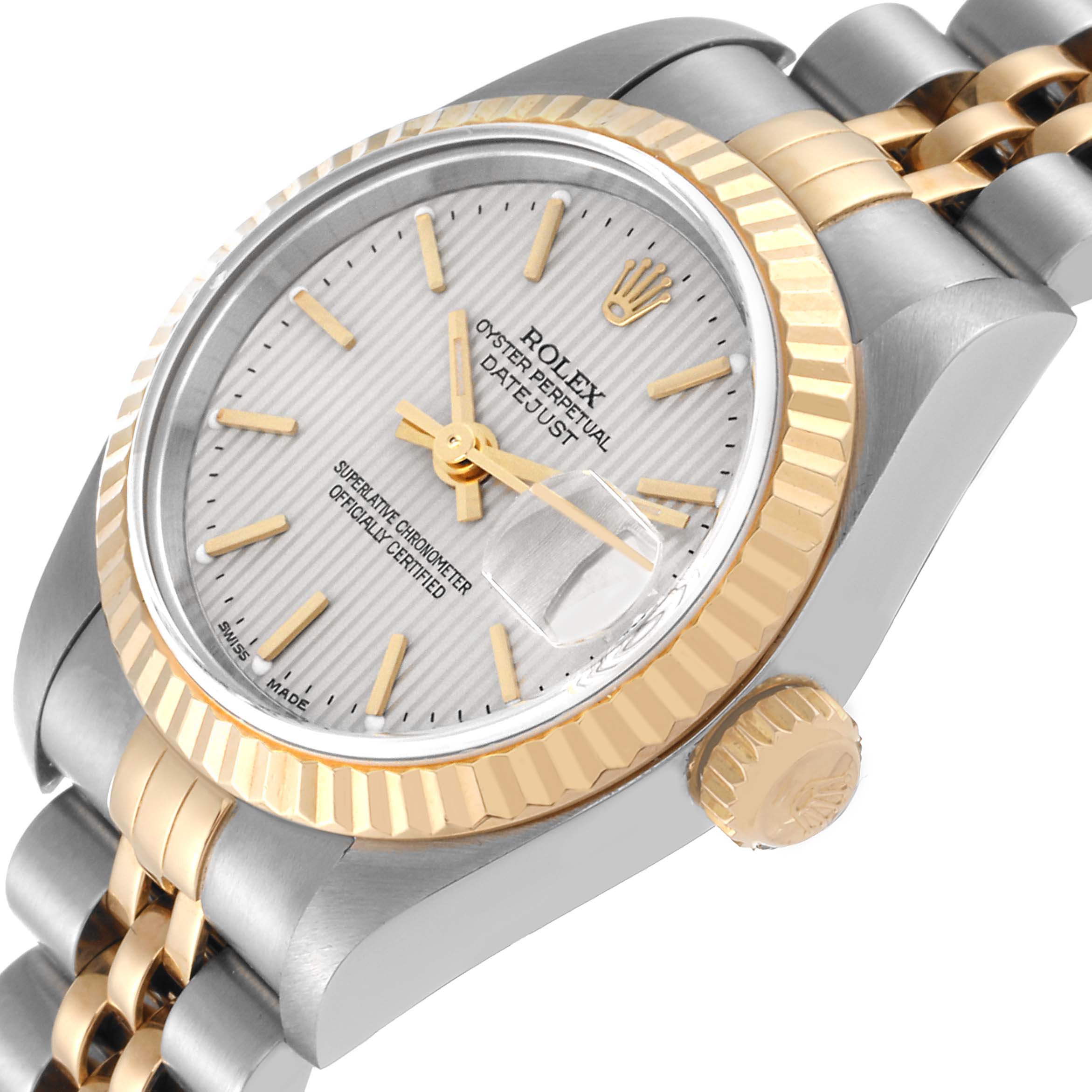 This image shows a close-up angled view of a Rolex Datejust 79173 Women's Steel and Gold (two tone) Silver Dial 79173 Women's Steel and Gold (two tone) Silver Dial watch, capturing the dial, bezel, part of the case, and bracelet.