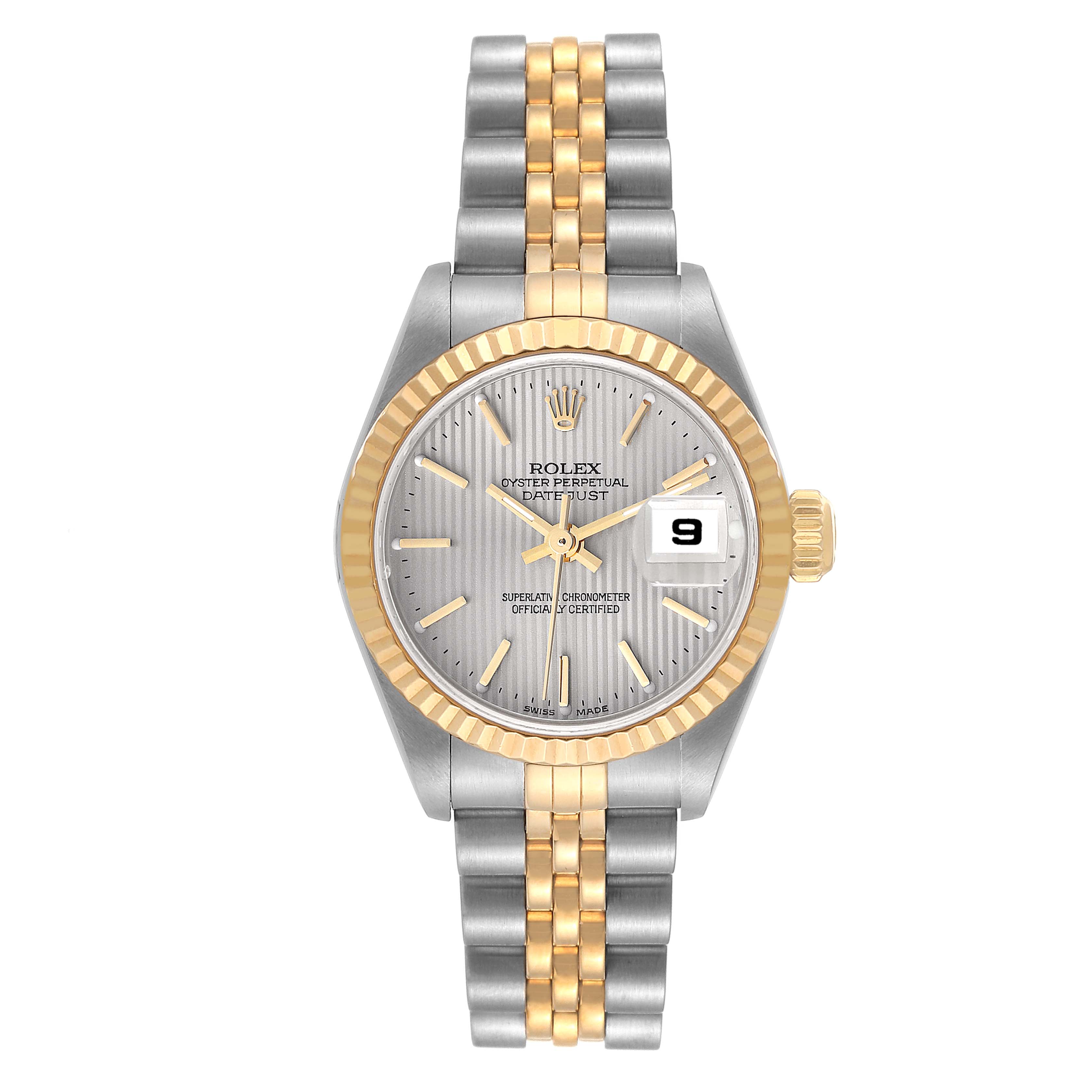 This image shows a Rolex Datejust 79173 Women's Steel and Gold (two tone) Silver Dial 79173 Women's Steel and Gold (two tone) Silver Dial watch head-on, displaying the face, bezel, crown, and bracelet.