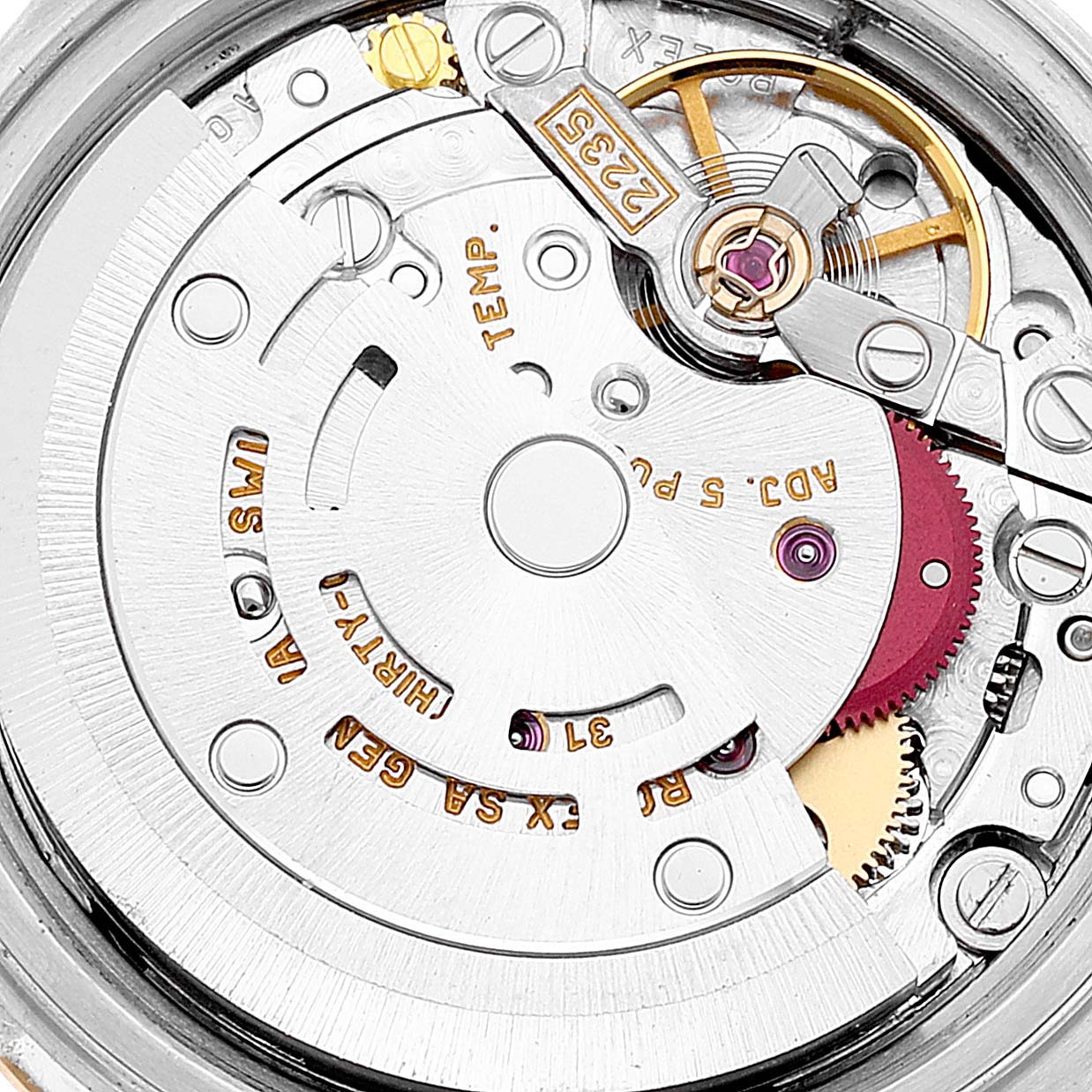 This image shows a close-up view of the internal mechanical movement of a Rolex Datejust 79173 Women's Steel and Gold (two tone) Silver Dial 79173 Women's Steel and Gold (two tone) Silver Dial watch.