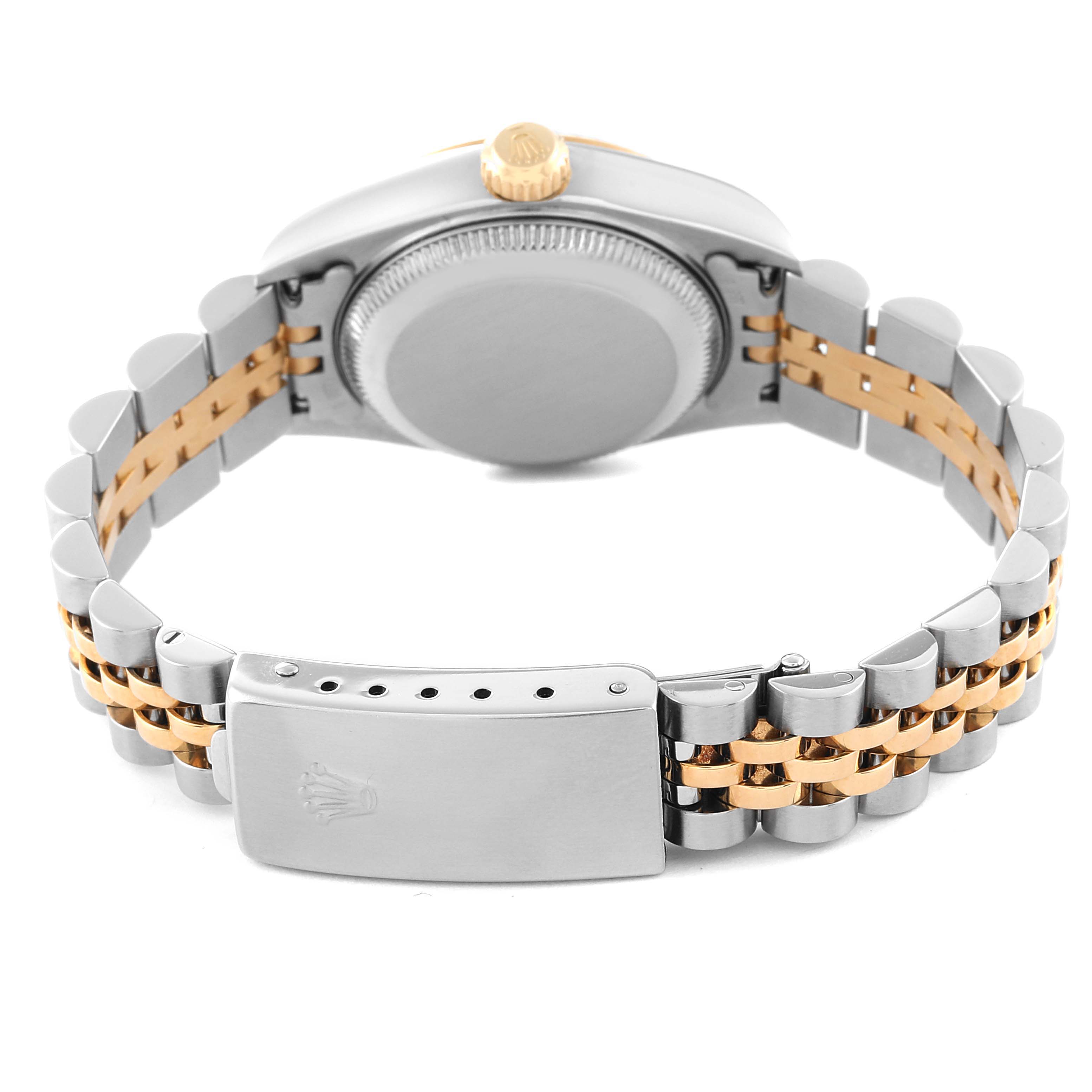 This image shows the back and bracelet of a Rolex Datejust 79173 Women's Steel and Gold (two tone) Silver Dial 79173 Women's Steel and Gold (two tone) Silver Dial watch, featuring a two-tone Jubilee bracelet and the case back.