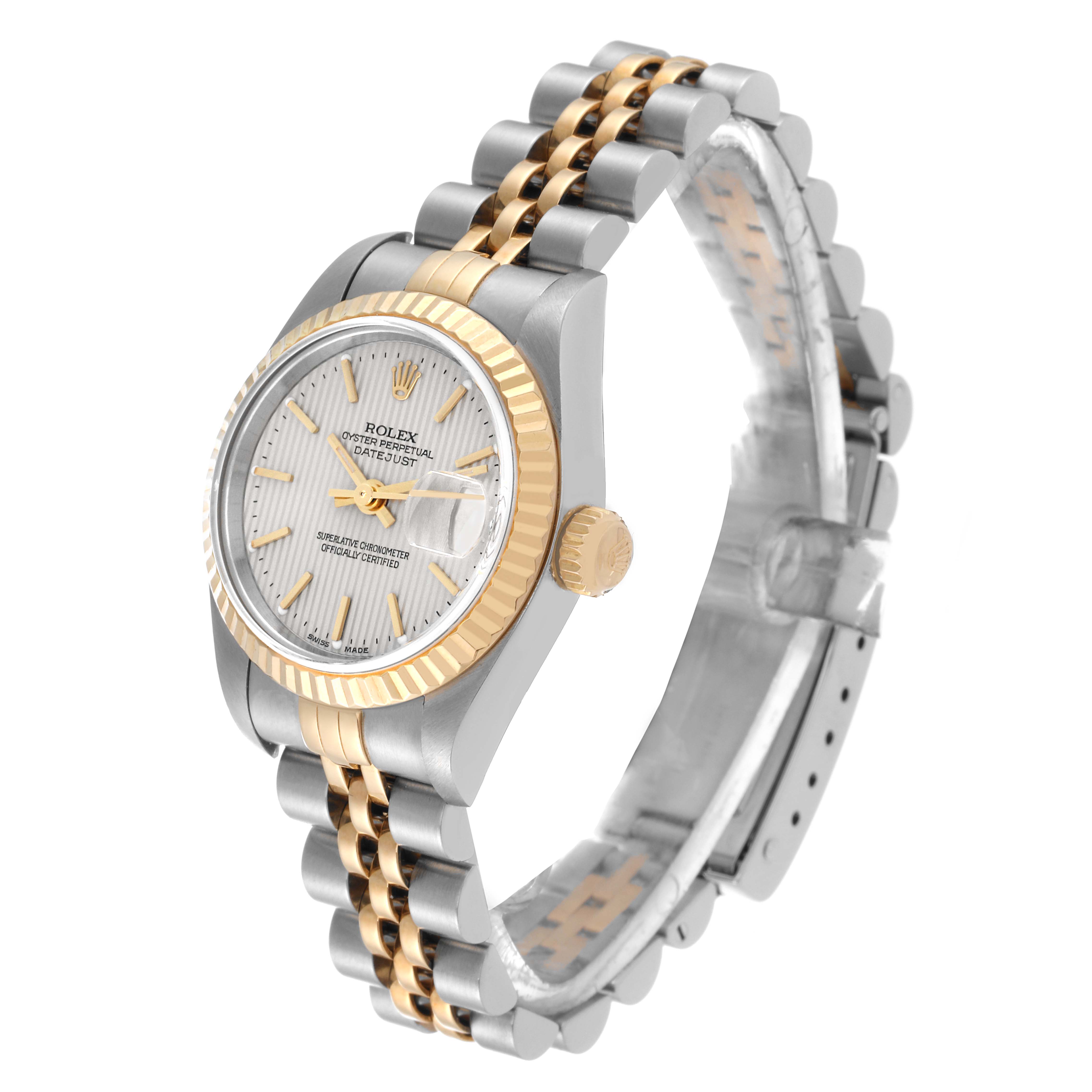 The image shows a side and front view of a Rolex Datejust 79173 Women's Steel and Gold (two tone) Silver Dial 79173 Women's Steel and Gold (two tone) Silver Dial watch, highlighting the face, fluted bezel, crown, and bracelet.