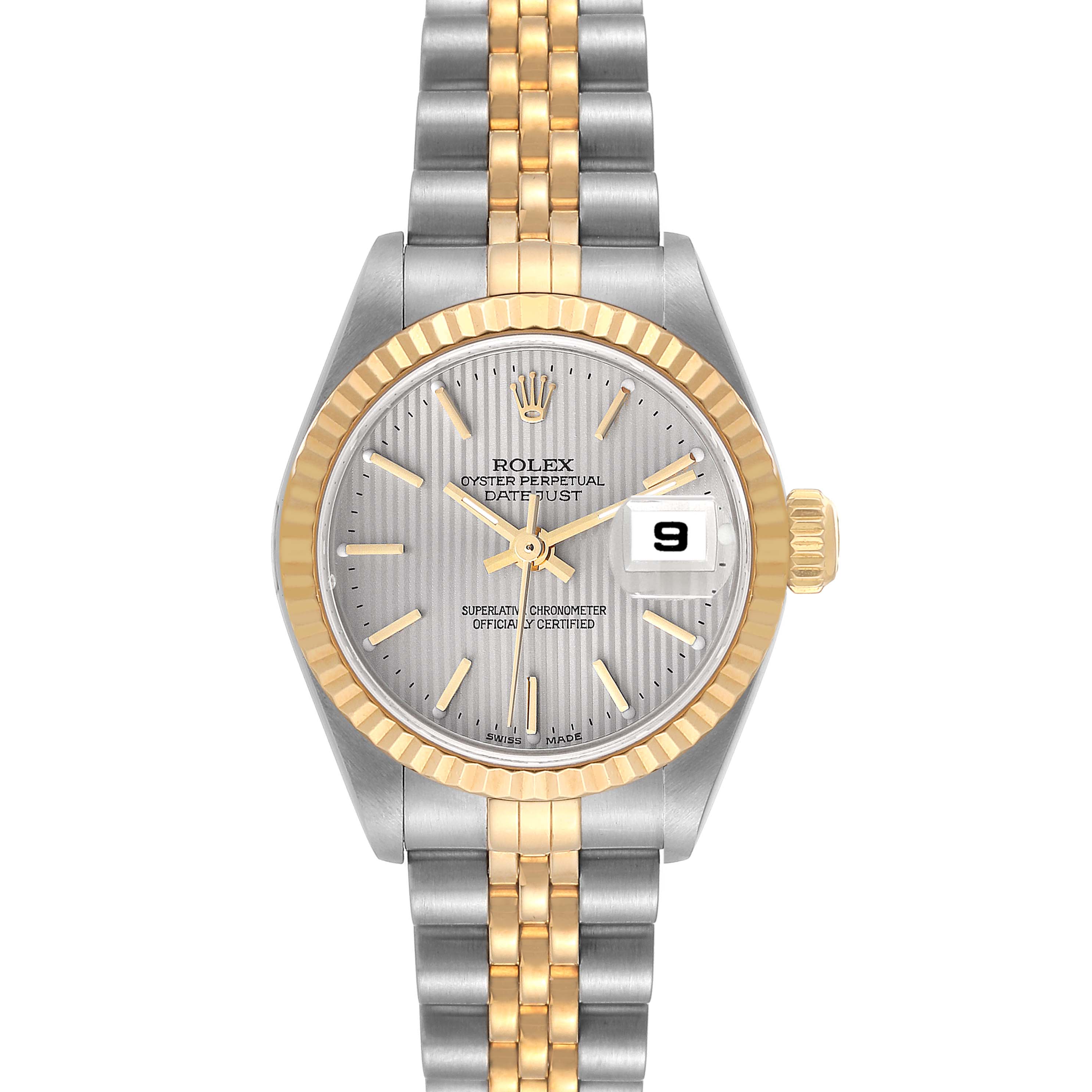 This image shows a front view of the Rolex Datejust 79173 Women's Steel and Gold (two tone) Silver Dial 79173 Women's Steel and Gold (two tone) Silver Dial watch, highlighting the dial, bezel, and bracelet.
