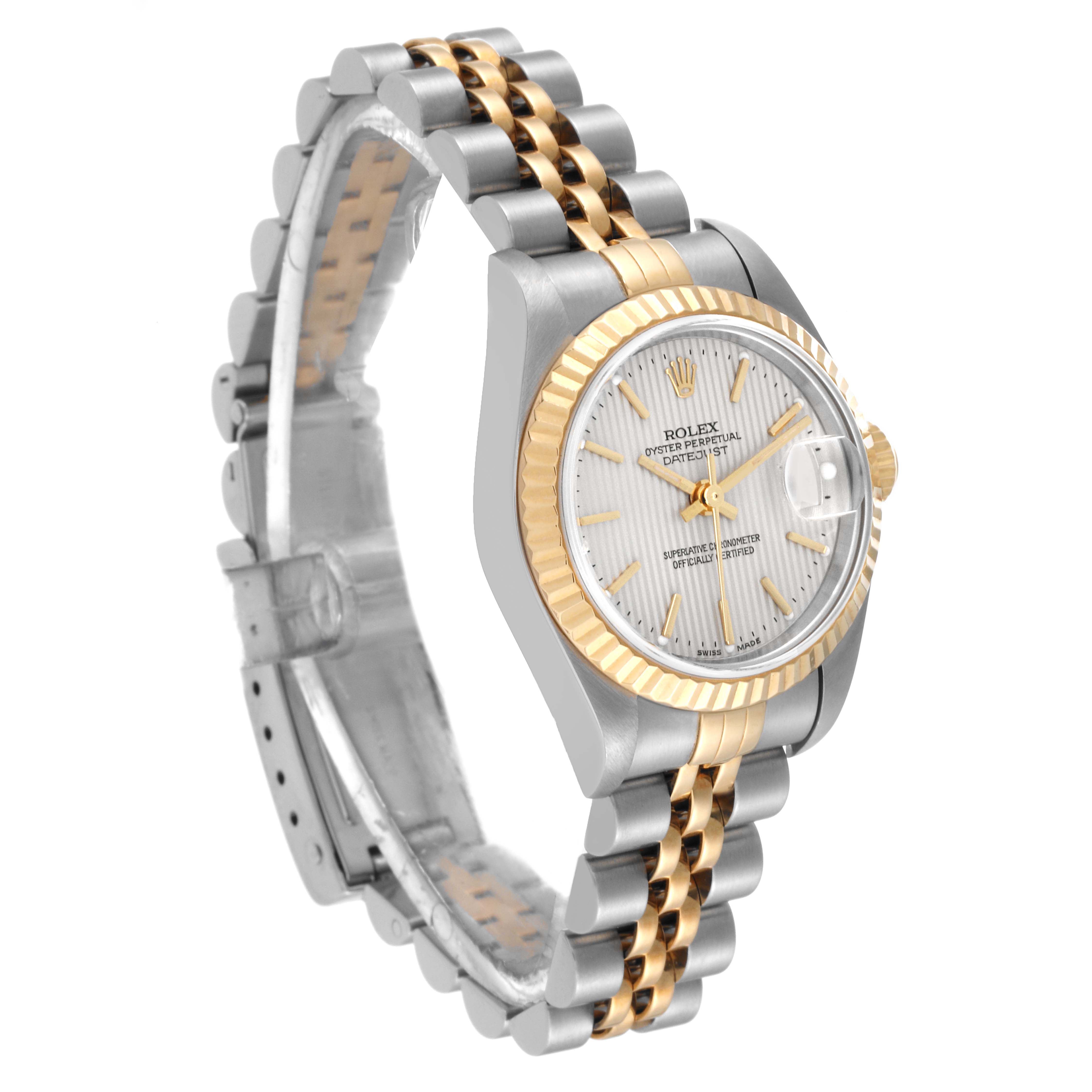 The Rolex Datejust 79173 Women's Steel and Gold (two tone) Silver Dial 79173 Women's Steel and Gold (two tone) Silver Dial watch is shown at a slight angle revealing the dial, bezel, crown, and two-tone bracelet.