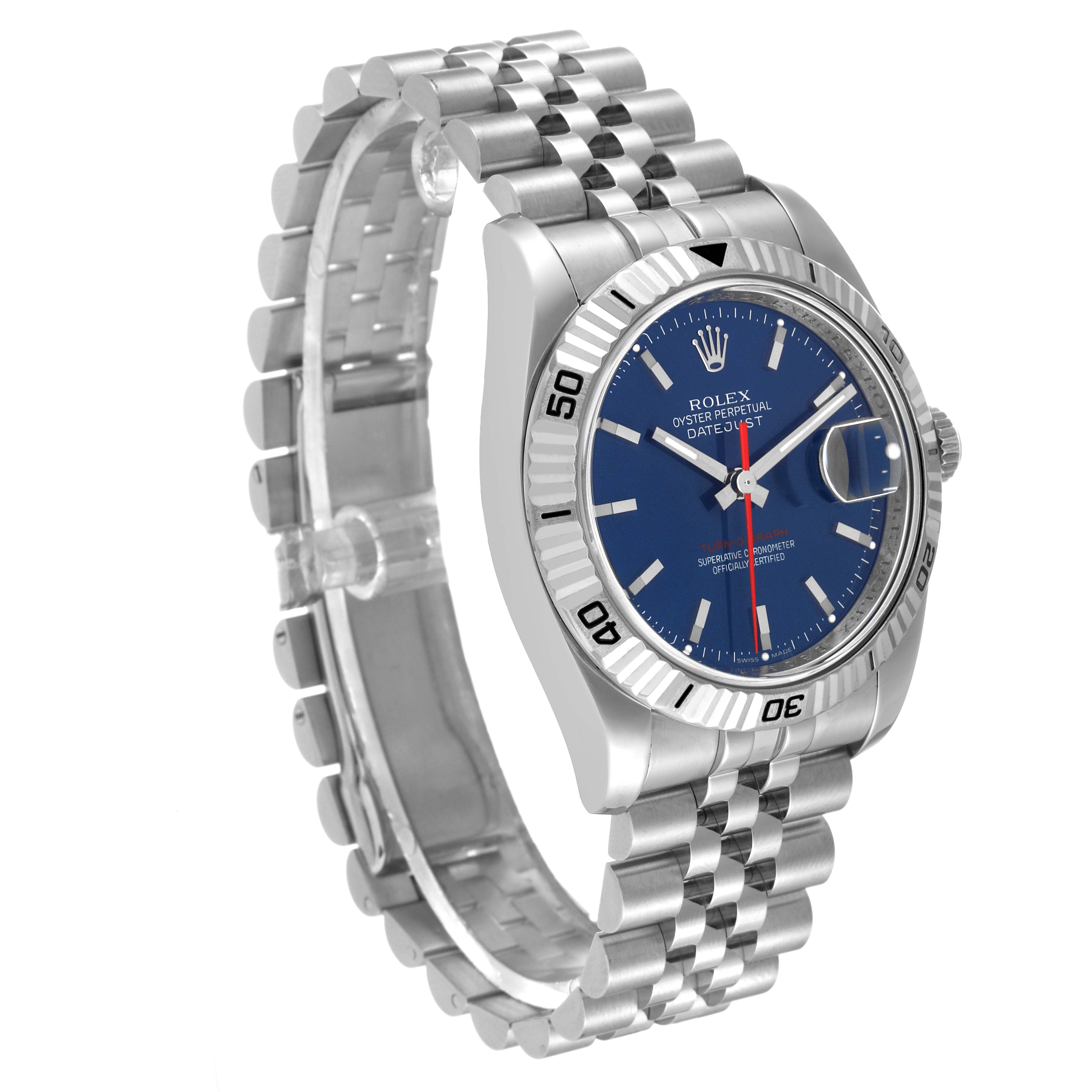 The Rolex Turn-o-Graph 116264 Men's Stainless Steel Blue Dial 116264 Men's Stainless Steel Blue Dial watch is shown at an angled side view, displaying the dial, bezel, and part of the bracelet.