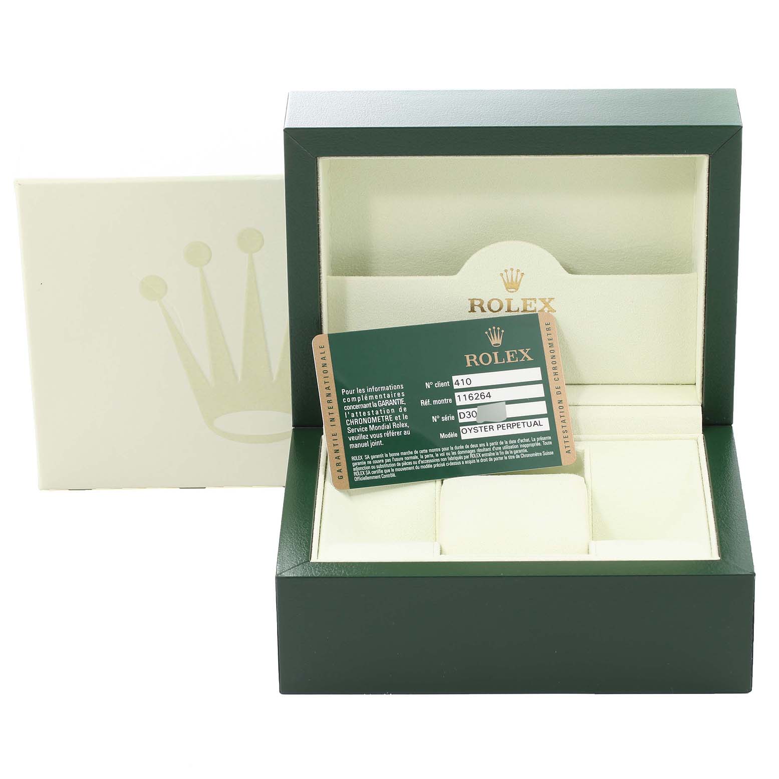 The image shows a Rolex Turn-o-Graph 116264 Men's Stainless Steel Blue Dial 116264 Men's Stainless Steel Blue Dial model box and warranty card, with a partial view of the interior.