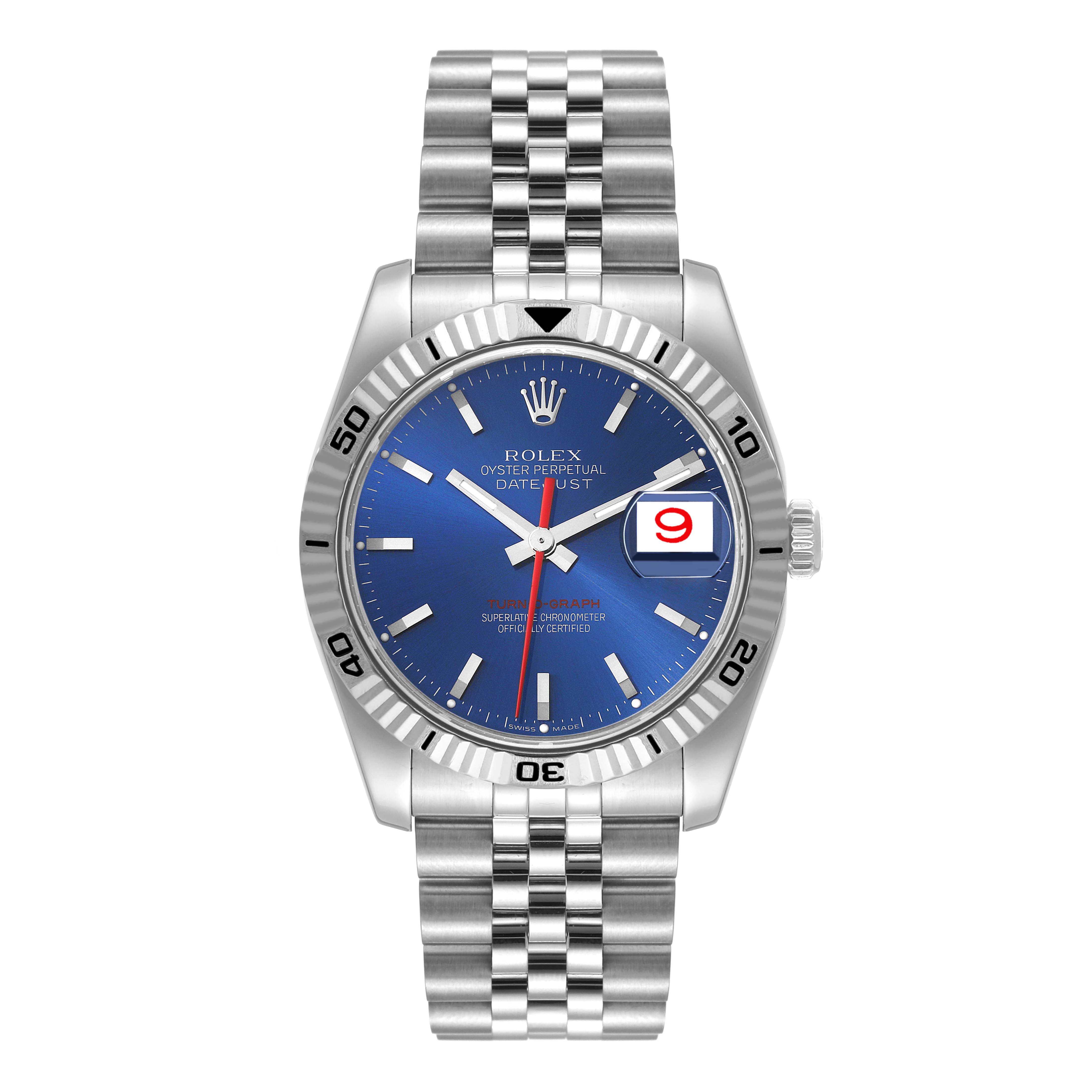 This image shows a Rolex Turn-o-Graph 116264 Men's Stainless Steel Blue Dial 116264 Men's Stainless Steel Blue Dial watch facing forward, displaying the bezel, dial, and bracelet clearly.