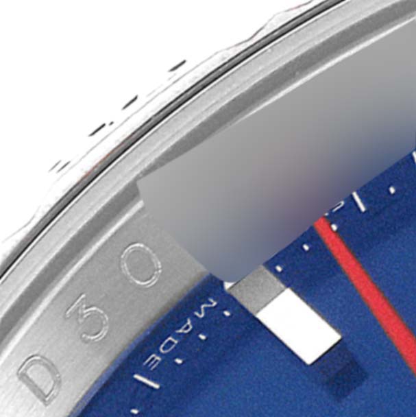 The image shows a close-up of the dial and bezel of a Rolex Turn-o-Graph 116264 Men's Stainless Steel Blue Dial 116264 Men's Stainless Steel Blue Dial watch.