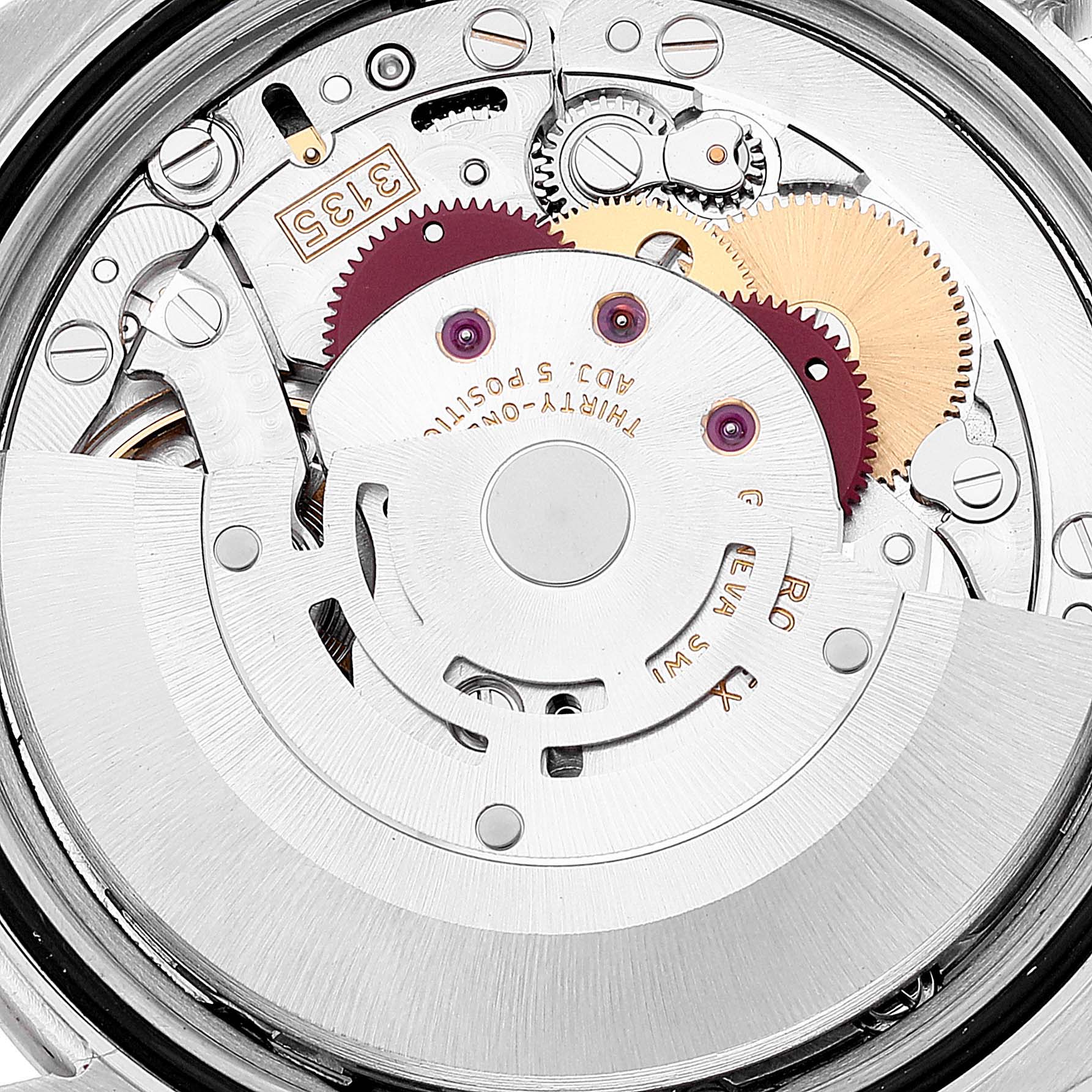 The image shows the intricate internal mechanism of a Rolex Turn-o-Graph 116264 Men's Stainless Steel Blue Dial 116264 Men's Stainless Steel Blue Dial watch with visible gears and components.