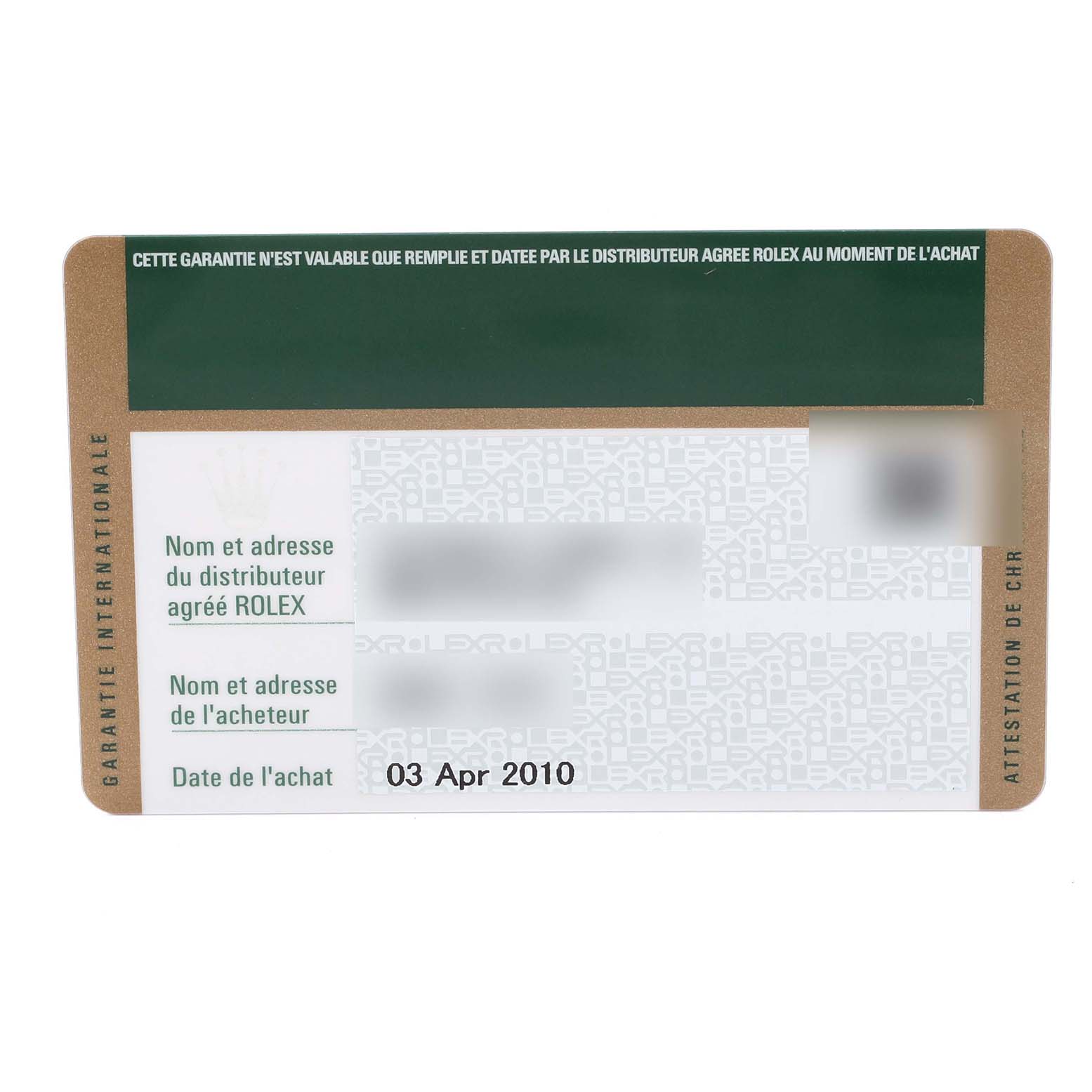 This image shows the warranty card for a Rolex Turn-o-Graph 116264 Men's Stainless Steel Blue Dial 116264 Men's Stainless Steel Blue Dial watch, dated April 3, 2010.