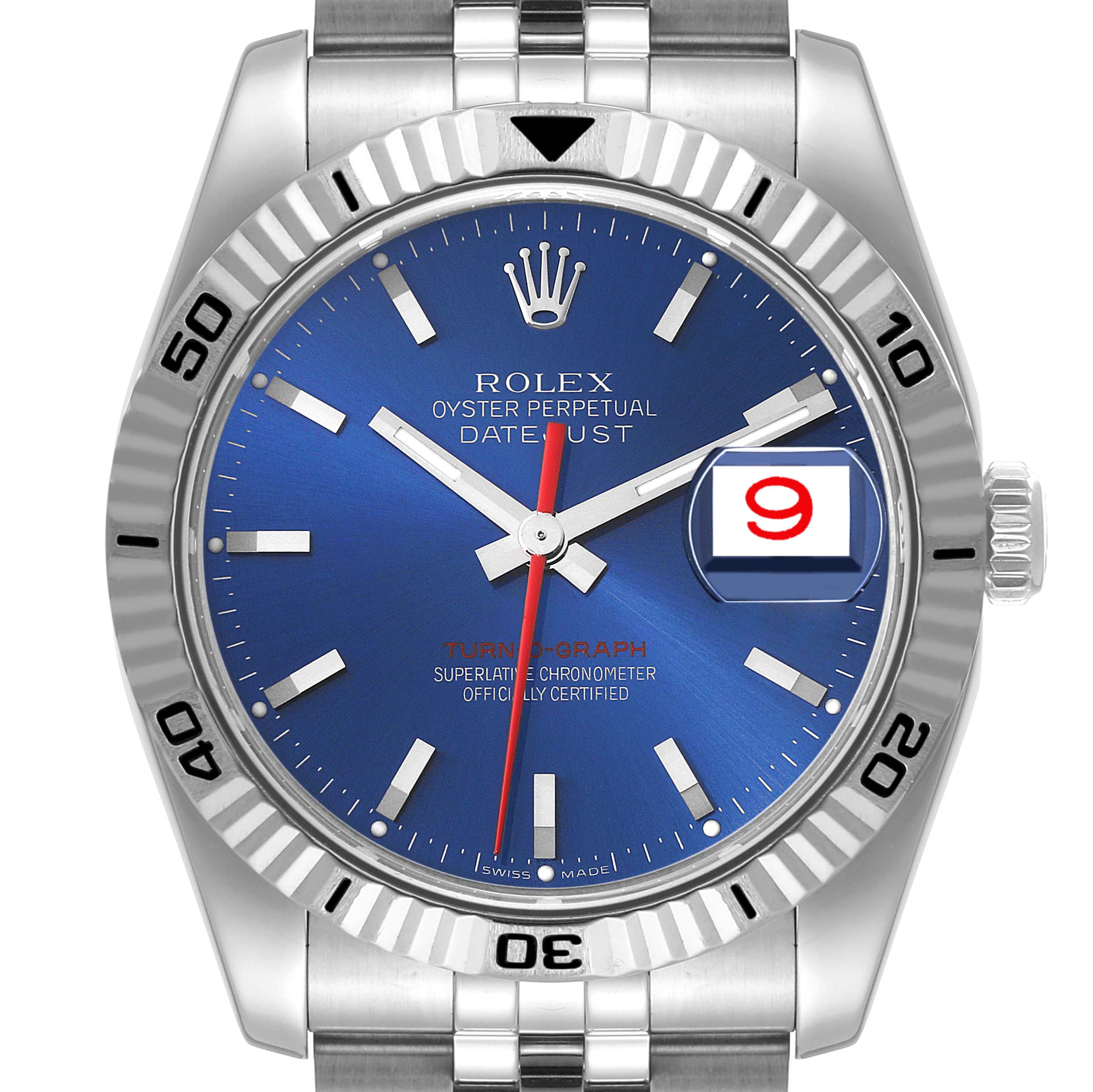 This image displays a frontal view of a Rolex Turn-o-Graph 116264 Men's Stainless Steel Blue Dial 116264 Men's Stainless Steel Blue Dial watch, showcasing its blue dial, date window, rotating bezel, and stainless steel bracelet.