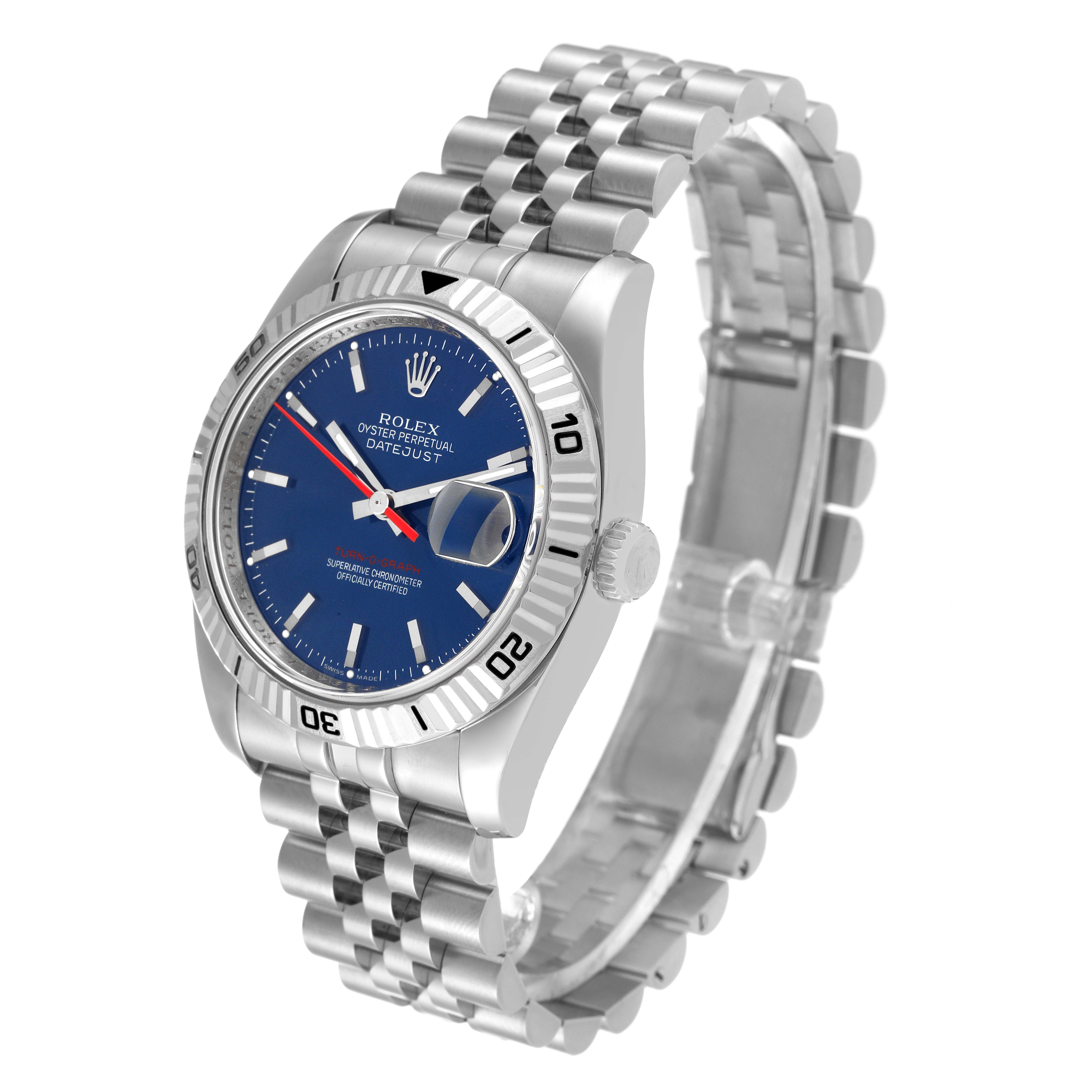 The Rolex Turn-o-Graph 116264 Men's Stainless Steel Blue Dial 116264 Men's Stainless Steel Blue Dial watch is shown at a slight angle, displaying the dial, bezel, crown, and bracelet.