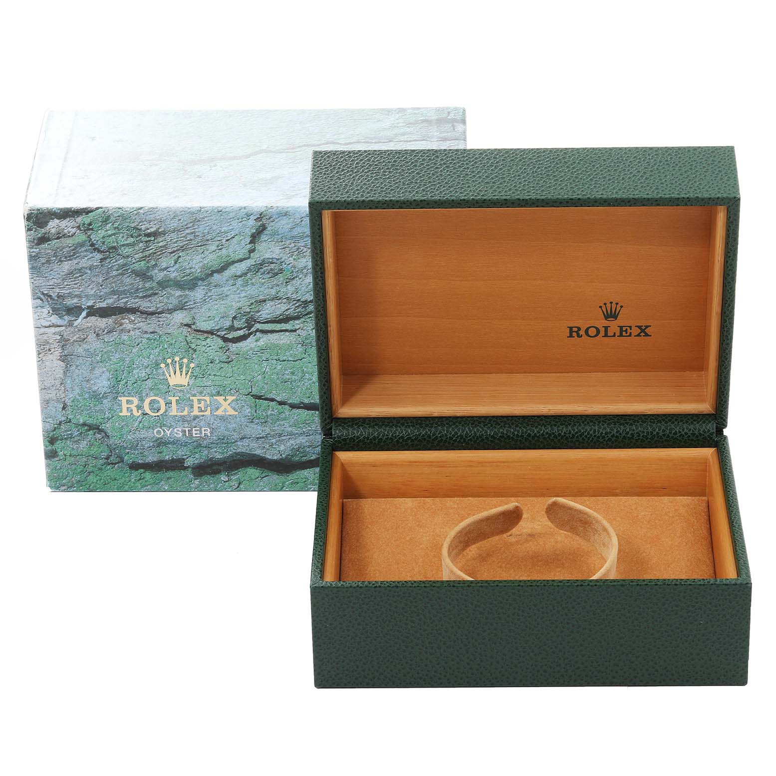 The image shows an empty Rolex Turn-o-Graph 16264 Men
s Stainless Steel White Dial 16264 Men
s Stainless Steel White Dial watch box, featuring a green exterior and wood interior with the Rolex logo.