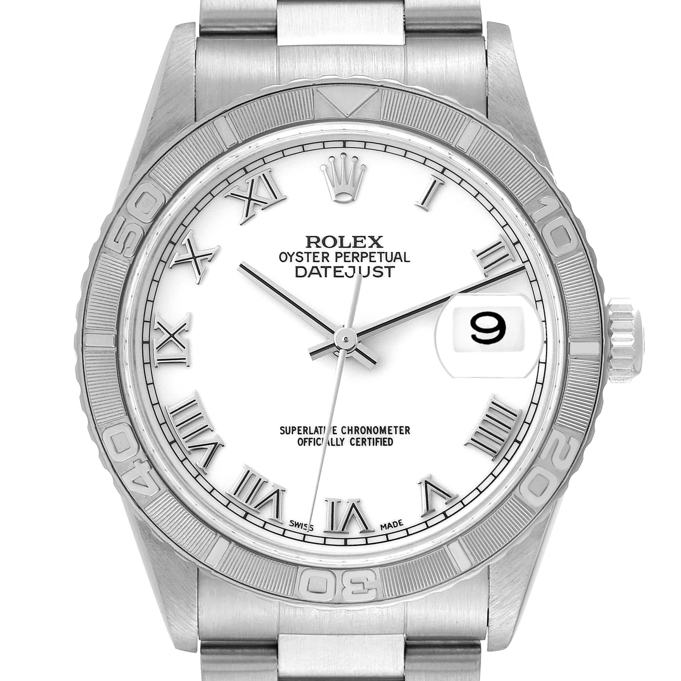 This image shows a front view of the Rolex Turn-o-Graph 16264 Men
s Stainless Steel White Dial 16264 Men
s Stainless Steel White Dial watch, highlighting the dial, bezel, and bracelet.