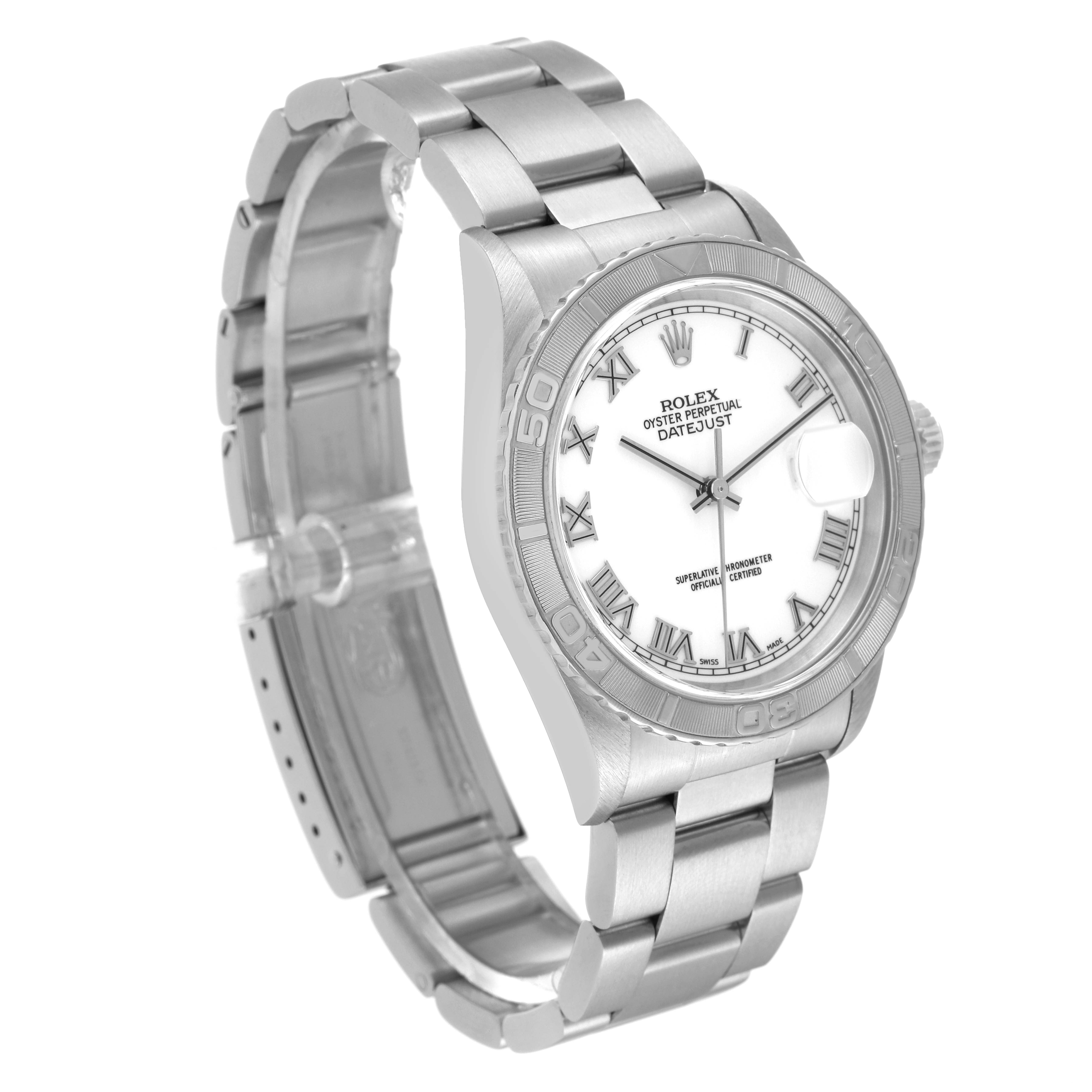 The image shows a side-angle view of a Rolex Turn-o-Graph 16264 Men
s Stainless Steel White Dial 16264 Men
s Stainless Steel White Dial watch, displaying the dial, bezel, and bracelet.