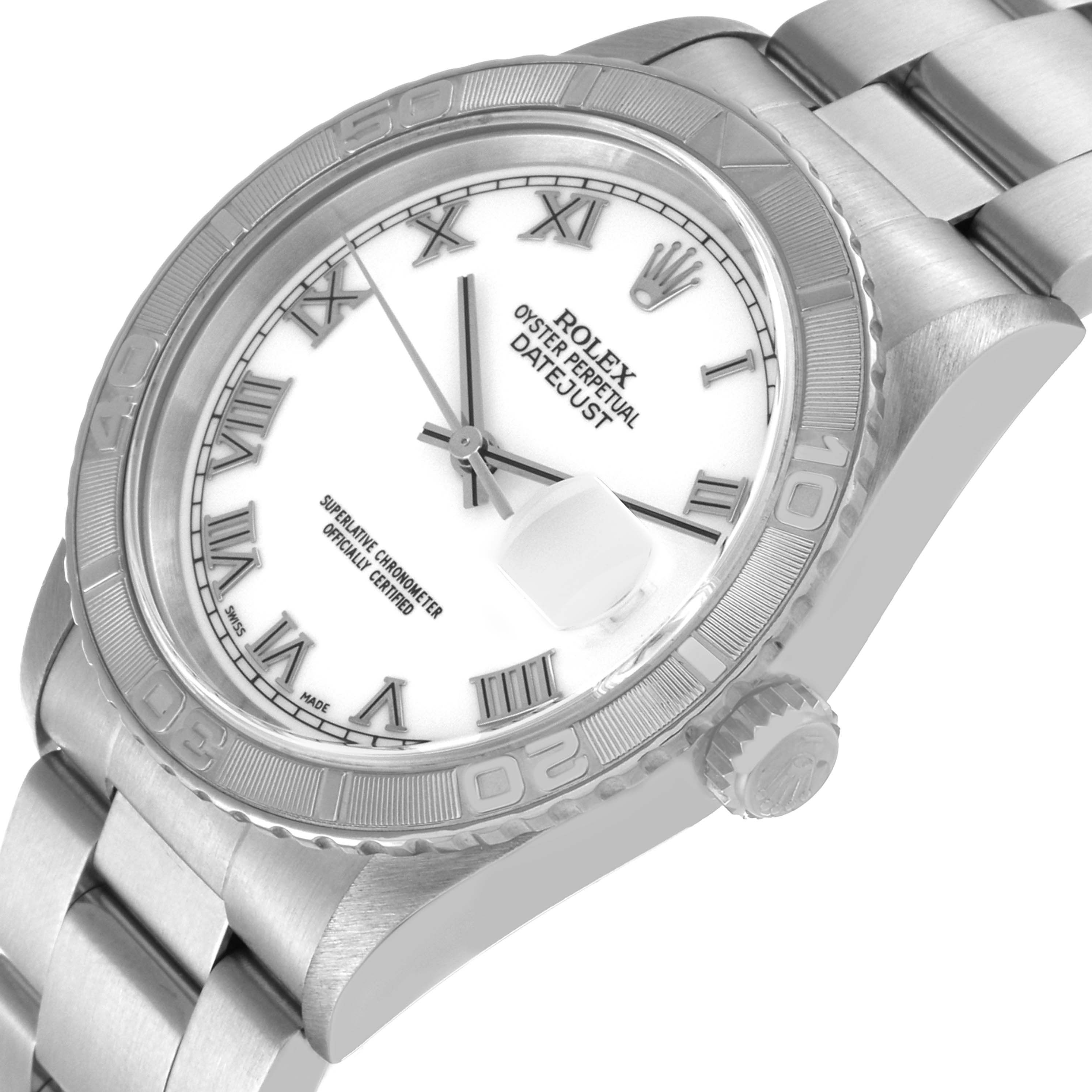 This is an angled close-up view of the Rolex Turn-o-Graph 16264 Men
s Stainless Steel White Dial 16264 Men
s Stainless Steel White Dial watch, showing the face, bezel, dial, and part of the bracelet.