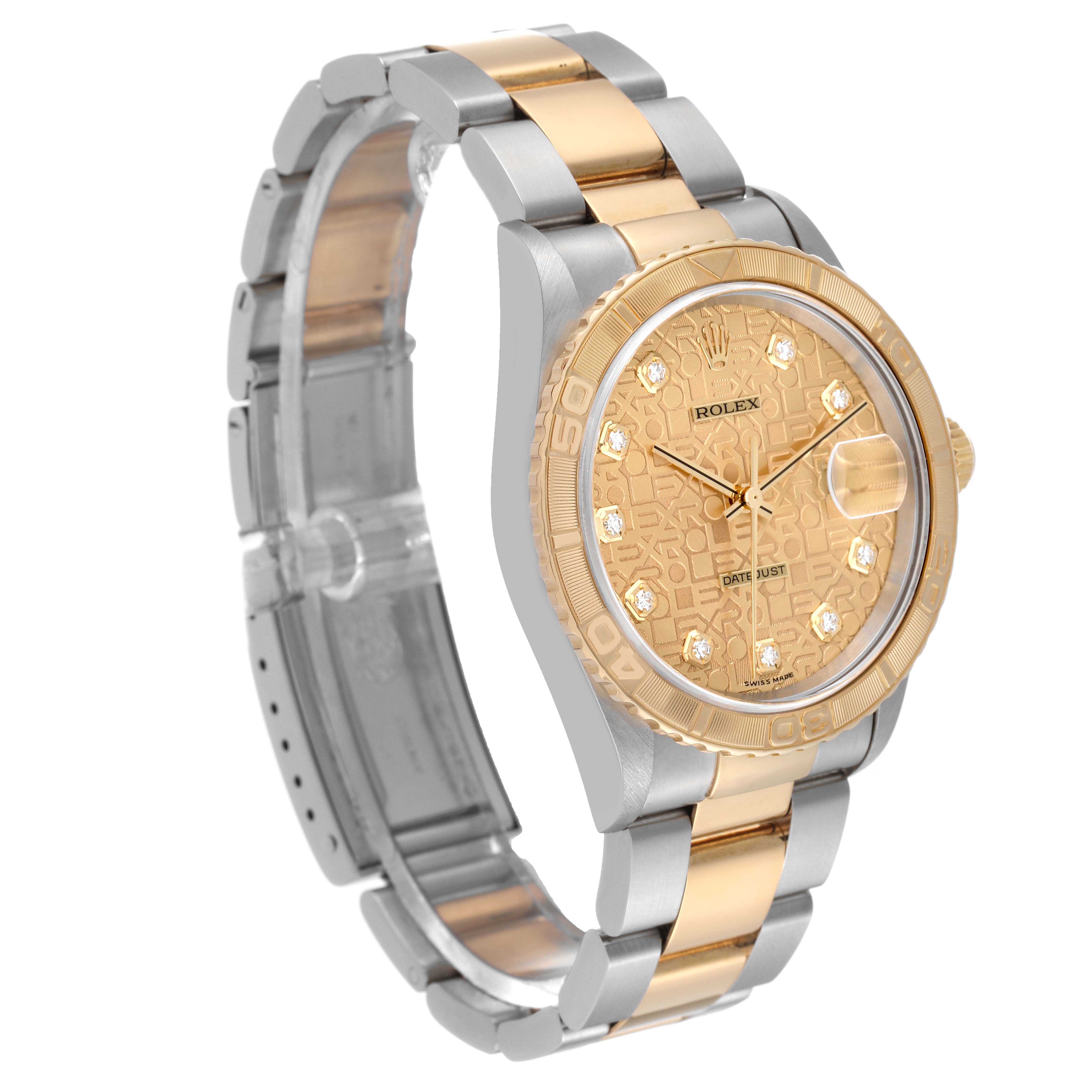 This Rolex Turn-o-Graph 16263 Men's Steel and Gold (two tone) Champagne Dial 16263 Men's Steel and Gold (two tone) Champagne Dial watch is shown at a three-quarter angle, highlighting the face, bezel, and bracelet of the watch.