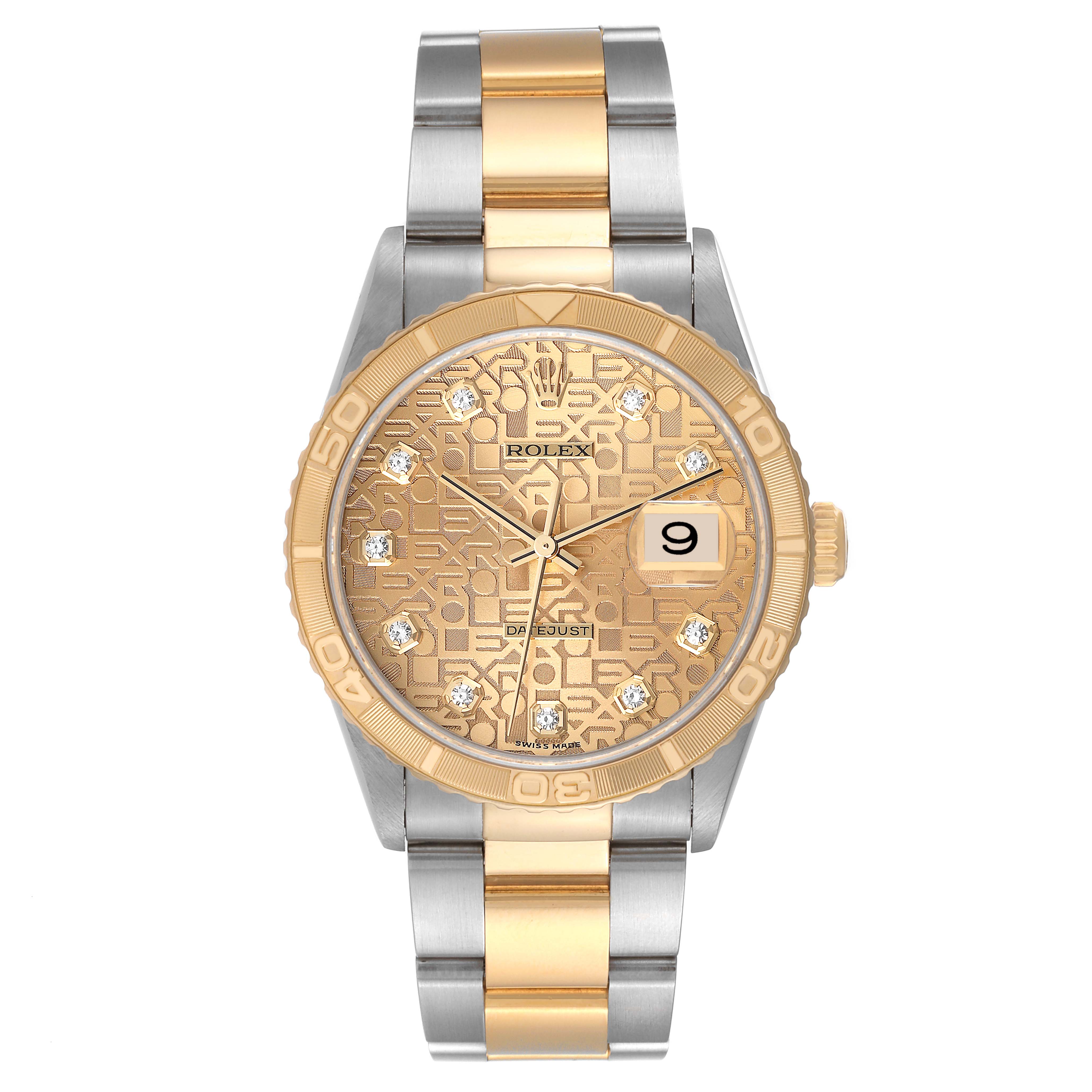 This Rolex Turn-o-Graph 16263 Men's Steel and Gold (two tone) Champagne Dial 16263 Men's Steel and Gold (two tone) Champagne Dial watch is shown from a front angle, displaying its face, bezel, hands, and bracelet.