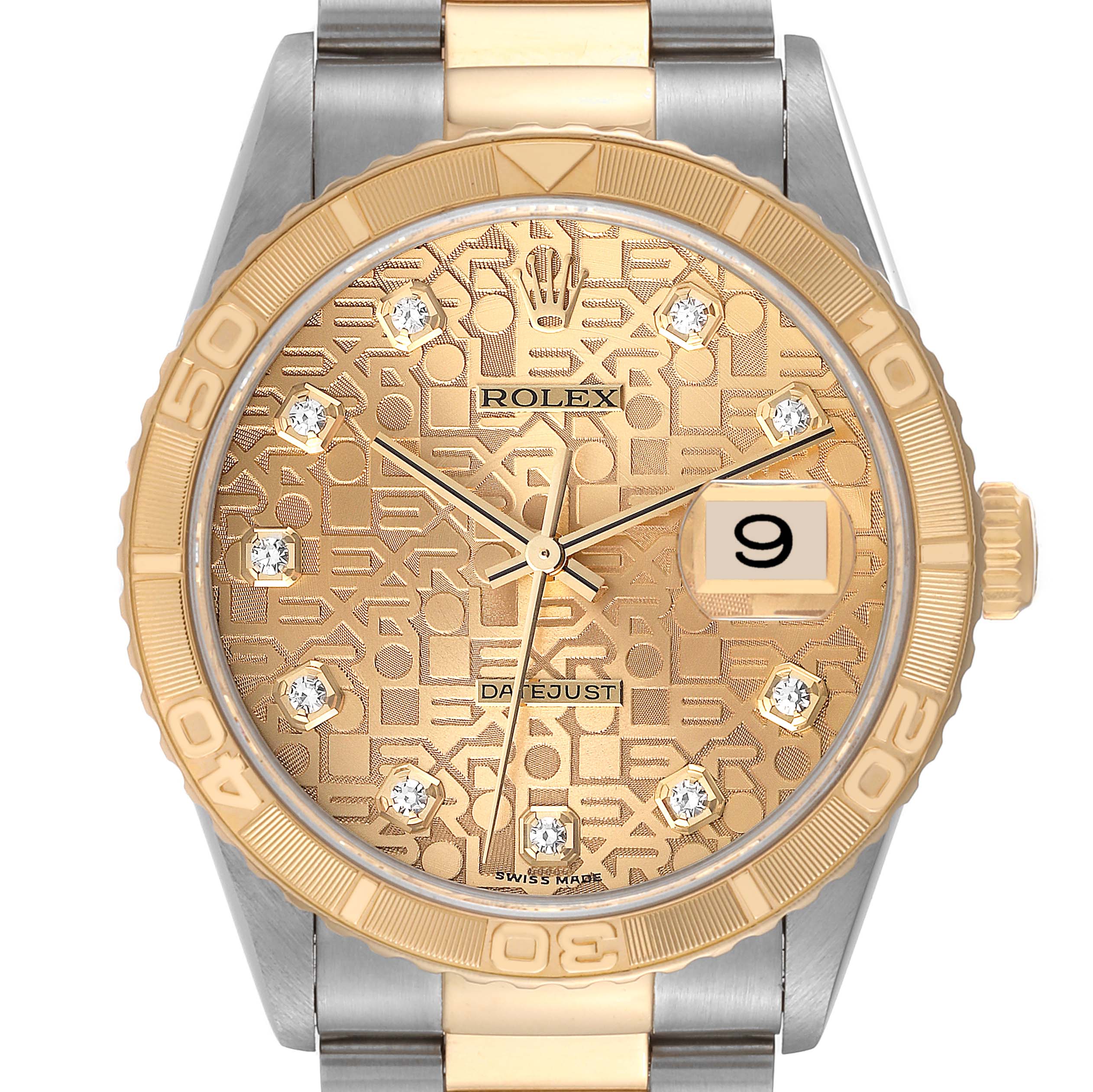 The image shows a Rolex Turn-o-Graph 16263 Men's Steel and Gold (two tone) Champagne Dial 16263 Men's Steel and Gold (two tone) Champagne Dial model watch from a front angle, highlighting its gold patterned dial, date window, and two-tone bezel.