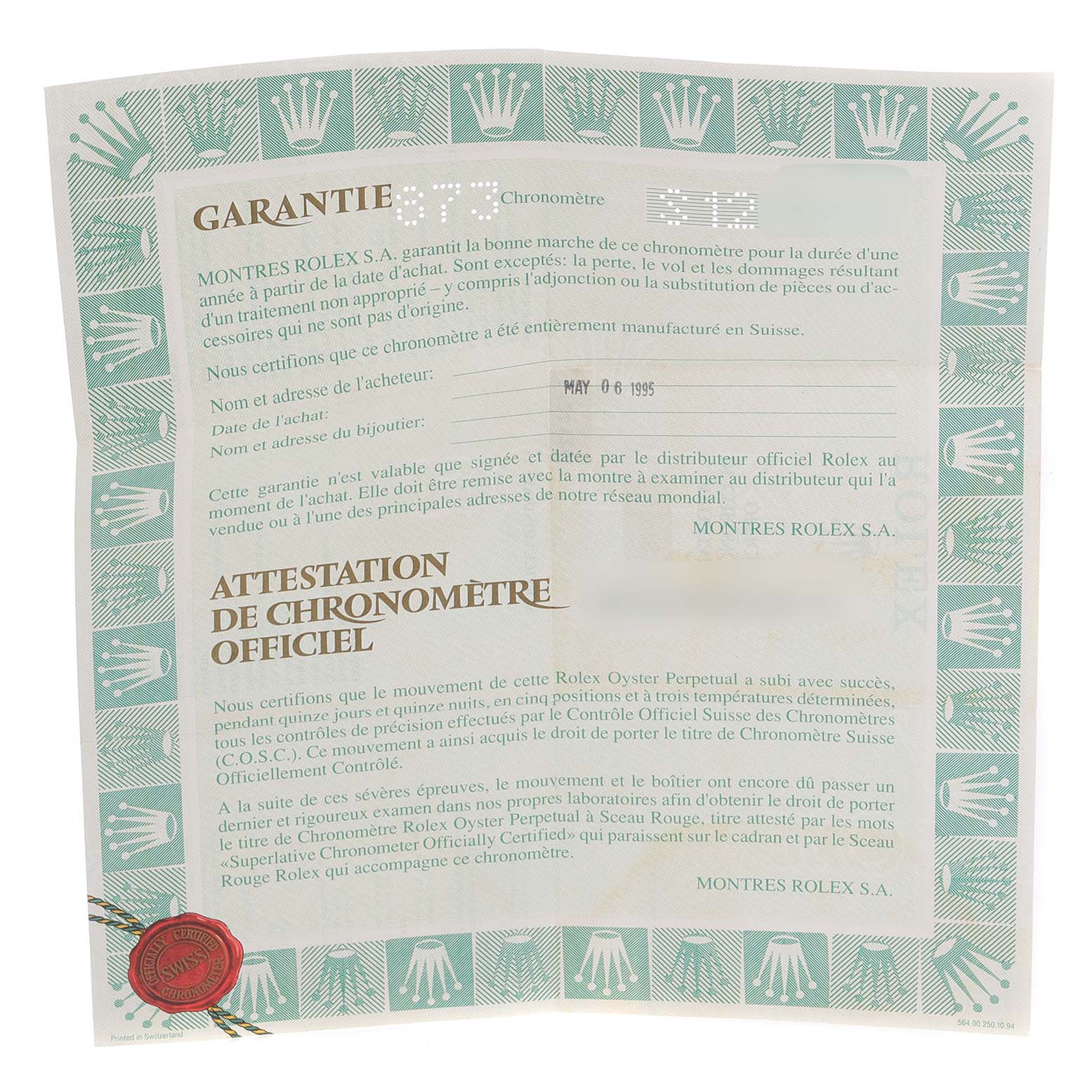 The image shows the warranty certificate and official chronometer certification for a Rolex Datejust 16220 Men's Stainless Steel White Dial 16220 Men's Stainless Steel White Dial watch.