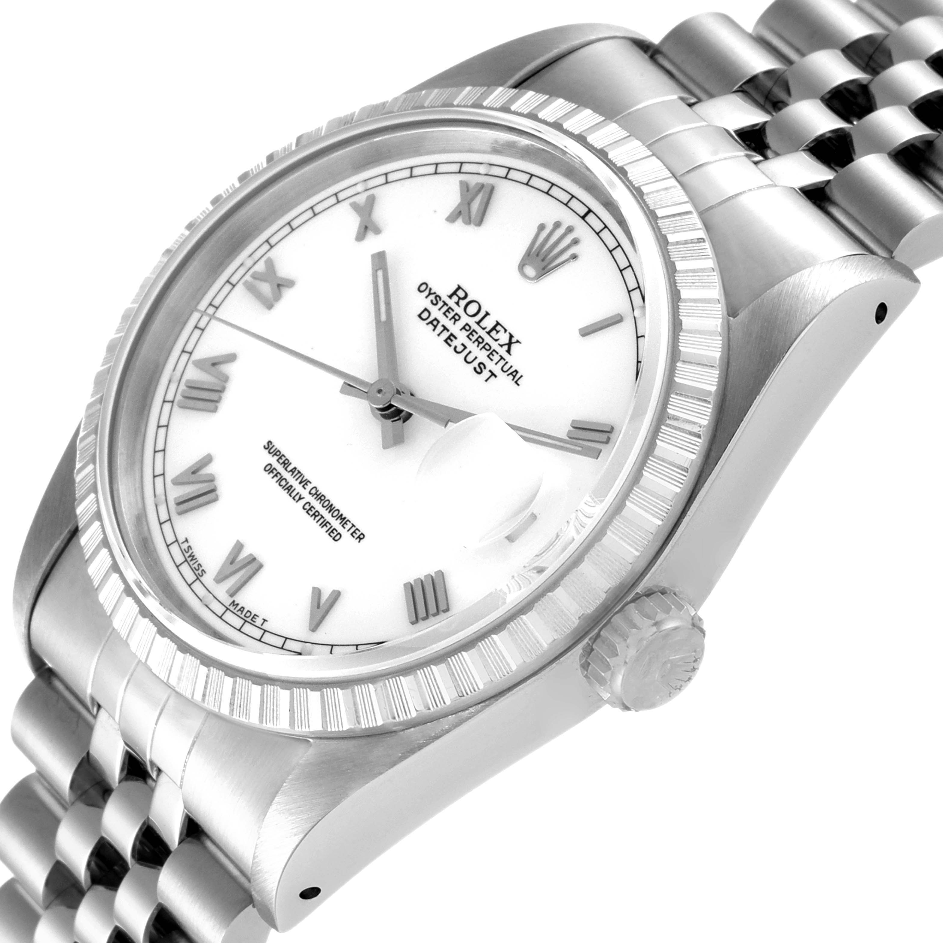 The image shows a close-up side angle of a Rolex Datejust 16220 Men's Stainless Steel White Dial 16220 Men's Stainless Steel White Dial model, highlighting the face, bezel, crown, and part of the bracelet.
