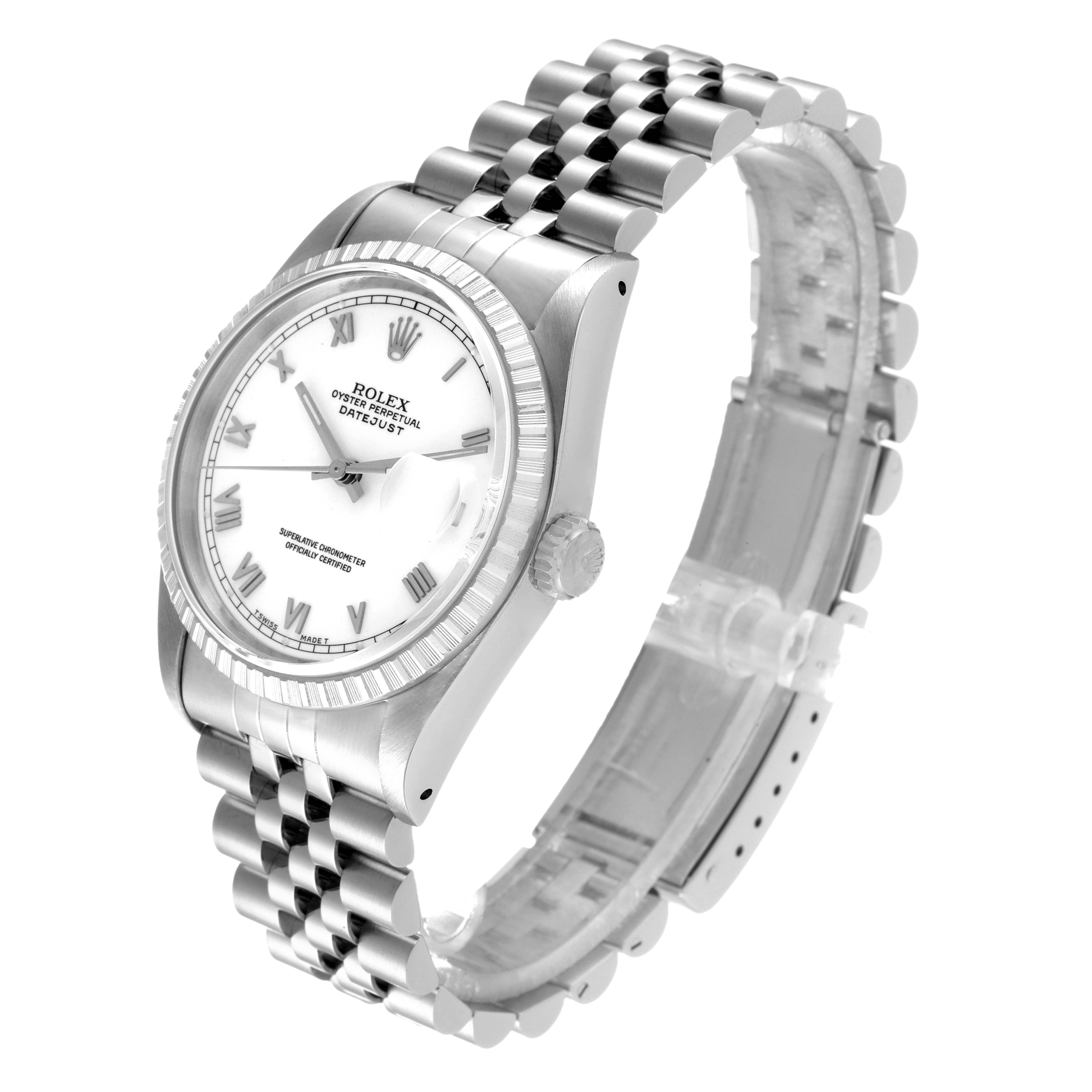 The Rolex Datejust 16220 Men's Stainless Steel White Dial 16220 Men's Stainless Steel White Dial watch is shown at a side angle, displaying the face, bezel, crown, and bracelet.
